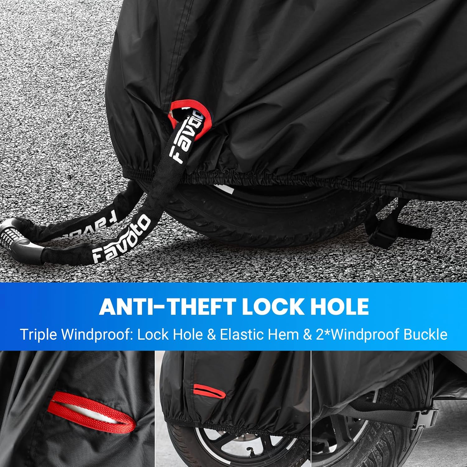 Favoto Motorcycle Cover Waterproof All Season Motorbike Cover 245Cm Long UV Scratch Heat-Resistant Outdoor Protection with Night Reflective Strips Lock-Holes Black 96.55 X 40 X 48 Inch image number 5