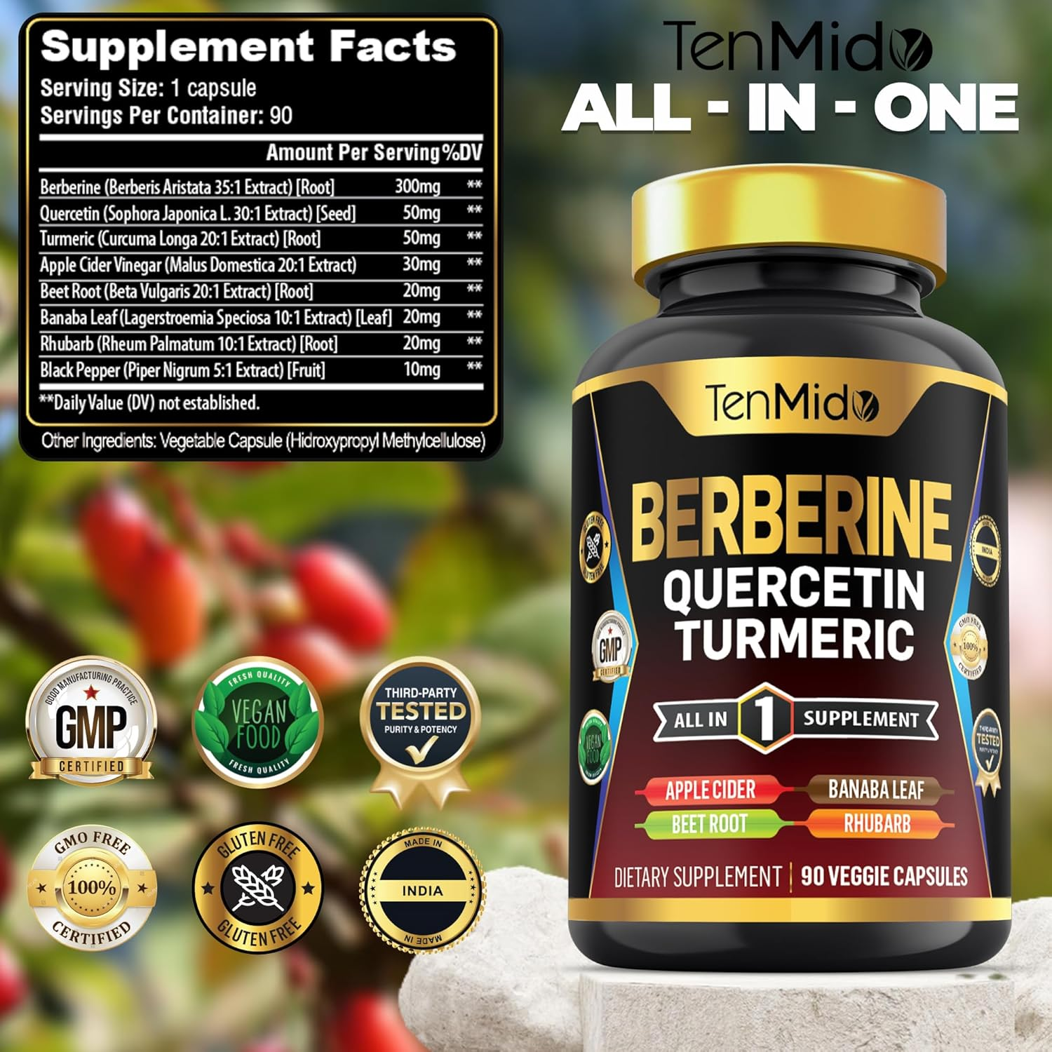 Berberine Supplement for Men and Women, 8In1 Formula with Quercetin, Turmeric, Apple Cider Vinegar, Beet Root & More - Digestive, Immune Support - Rich in Nutrient - 90 Capsules image number 3