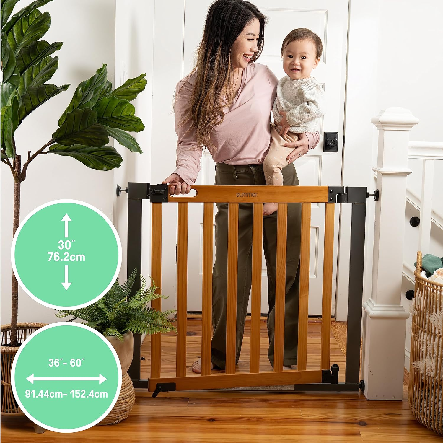 Summer West End Extra Wide Safety Pet and Baby Gate, 36"-60" Wide, 30" Tall, Pressure or Hardware Mounted, Install on Wall or Banister in Doorway or Stairway, Auto Close Door - Oak Wood and Metal image number 1