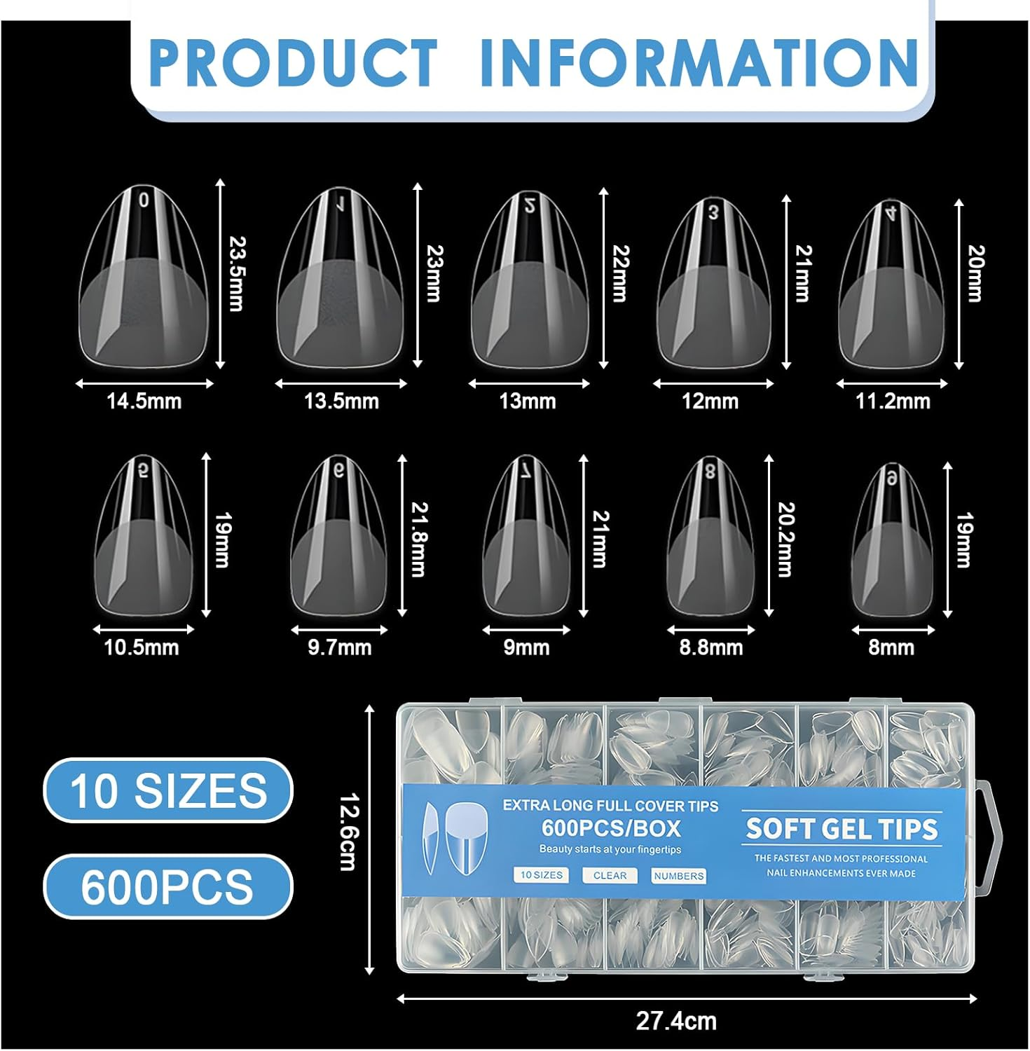 Jotia 600Pcs False Nail Tips, 10 Sizes Pre-Shape Press on Nails Clear Half Frosted Nails Tip Fake Nails Full Cover Artificial Nail Tips for Nail Extension (Blue Box)