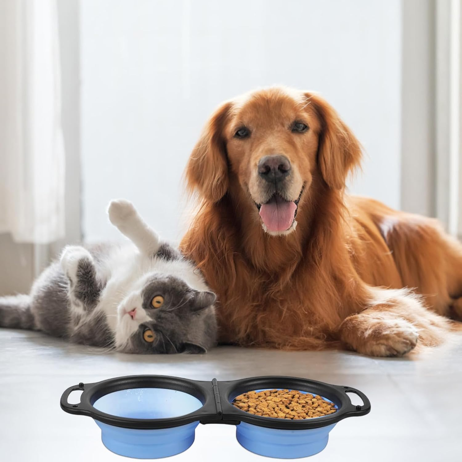 Collapsible Dog Food Water Bowl, 2 in 1 Silicone Double Bowl, Portable Travel Pet Feeder Bowl, Expandable Pets Bowl with Carabiner for Walking, Traveling, Hiking, Camping (Blue, Size-1) image number 2