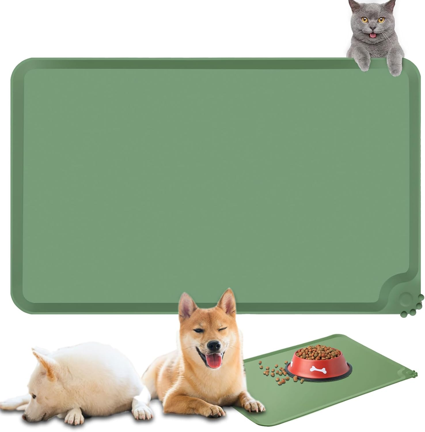 Silicone Food Mat for Dogs Cats，Thicker Waterproof Anti-Slip Pet Feeding Mats，Raised Edge, Spill-Proof Easy to Clean, Dishwasher Safe for Dog and Cat Bowls (Green, L)