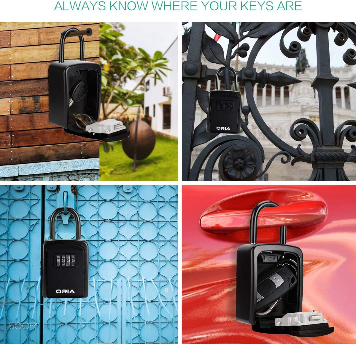 ORIA Key Lock Box, Key Safe Lock Box with Removable Shackle, 4-Digit Combination Lock Box, Resettable Code Key Storage, Weatherproof Lockbox for Home, Office, Garage, Indoor & Outdoor &ndash;Black image number 1