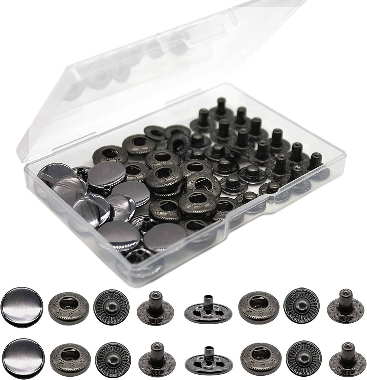 12 Sets Heavy Duty Leather Snap Fasteners Kit, 15Mm Metal Snap Buttons Kit Press Studs with 4 Install Tools, Leather Rivets and Snaps for Clothing, Leather, Jeans, Jackets, Bracelets, Bags (Silver)