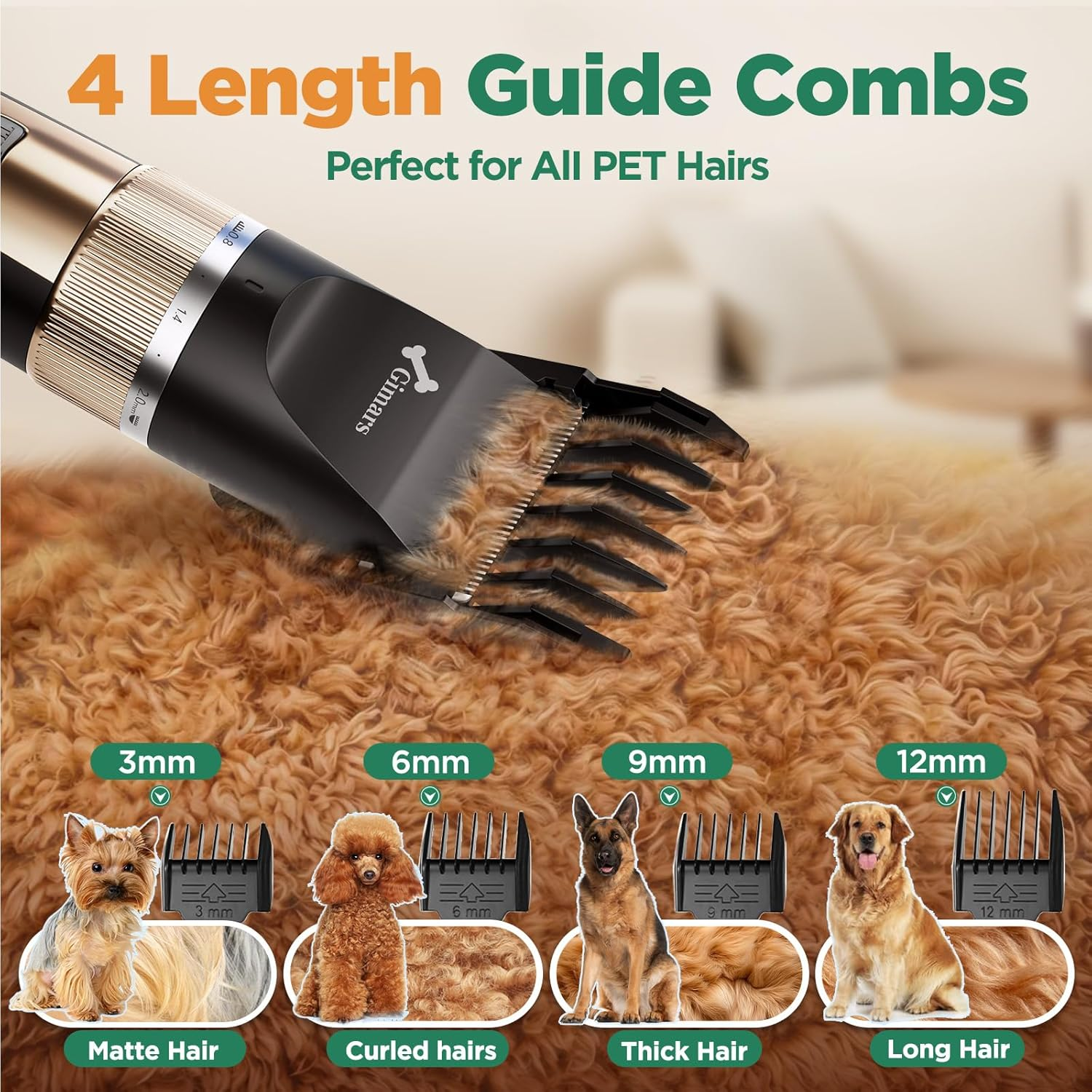 Gimars Cordless 3-Speed Dog Clippers with Stainless Steel Grooming Scissors Kits, Low Noise Quiet Rechargeable Pet Hair Trimmer for Thick Coats, Shaver Kit for Dogs and Cats