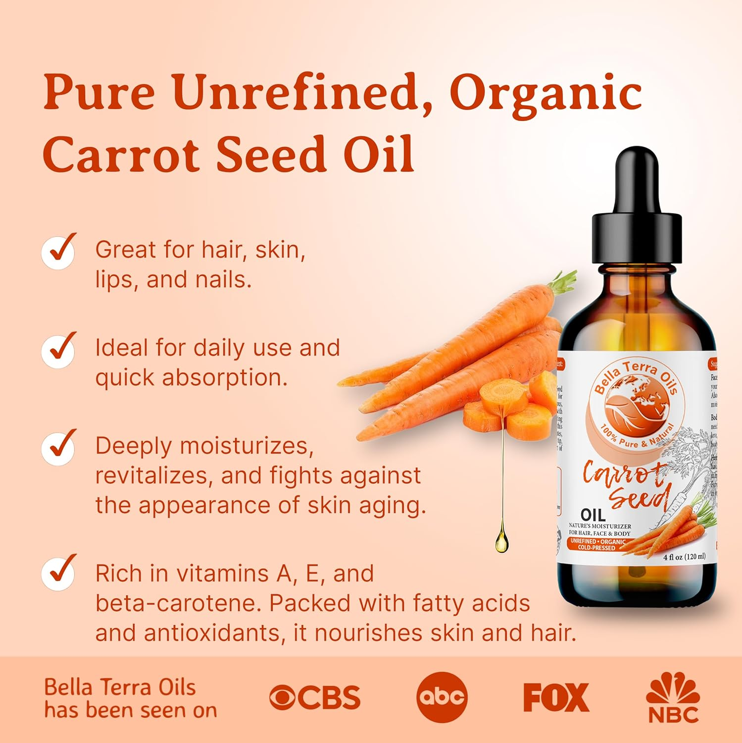 NEW Carrot Seed Oil. 120Ml Cold-Pressed. Unrefined. Organic. 100% Pure. Daucus Carota. Hexane-Free. Rejuvenates Skin and Softens Hair. Natural Moisturiser. for Hair, Face, Body, Nails, Stretch Marks. image number 4