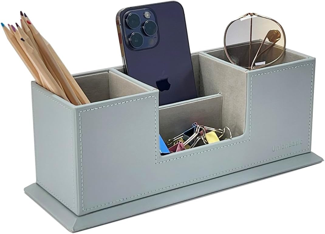 Unionbasic PU Leather 4 Compartment Desk Organizer Card/Pen/Pencil/Mobile Phone Office Supplies Holder Collection Desktop Organizer (Black)