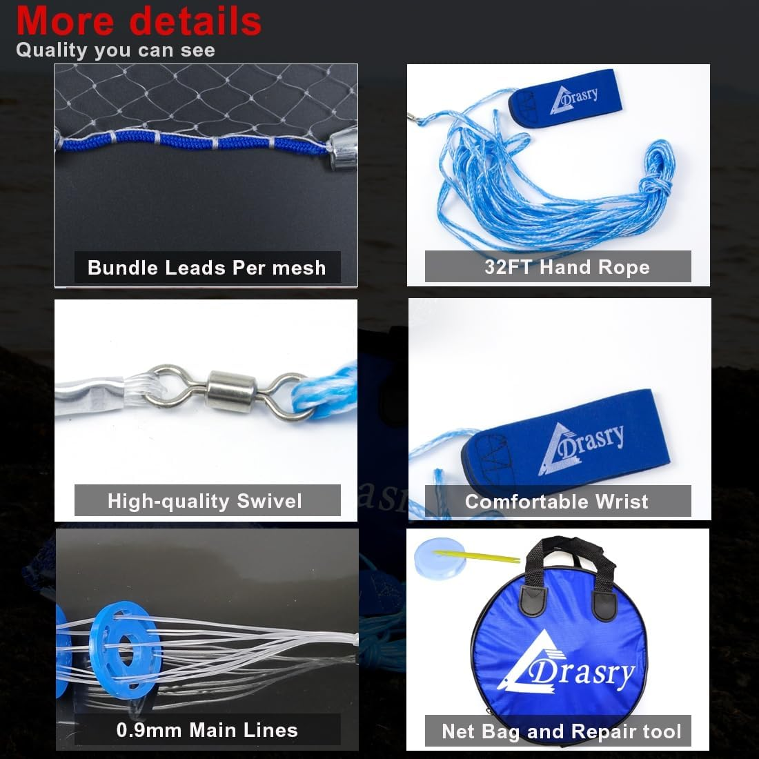 Drasry Saltwater American Fishing Cast Net 3/8Inch Mesh Size for Bait Trap Fish Heavy Duty Throw Net 4FT/5FT/6FT/7FT/8FT/9FT/10FT Radius Size image number 3