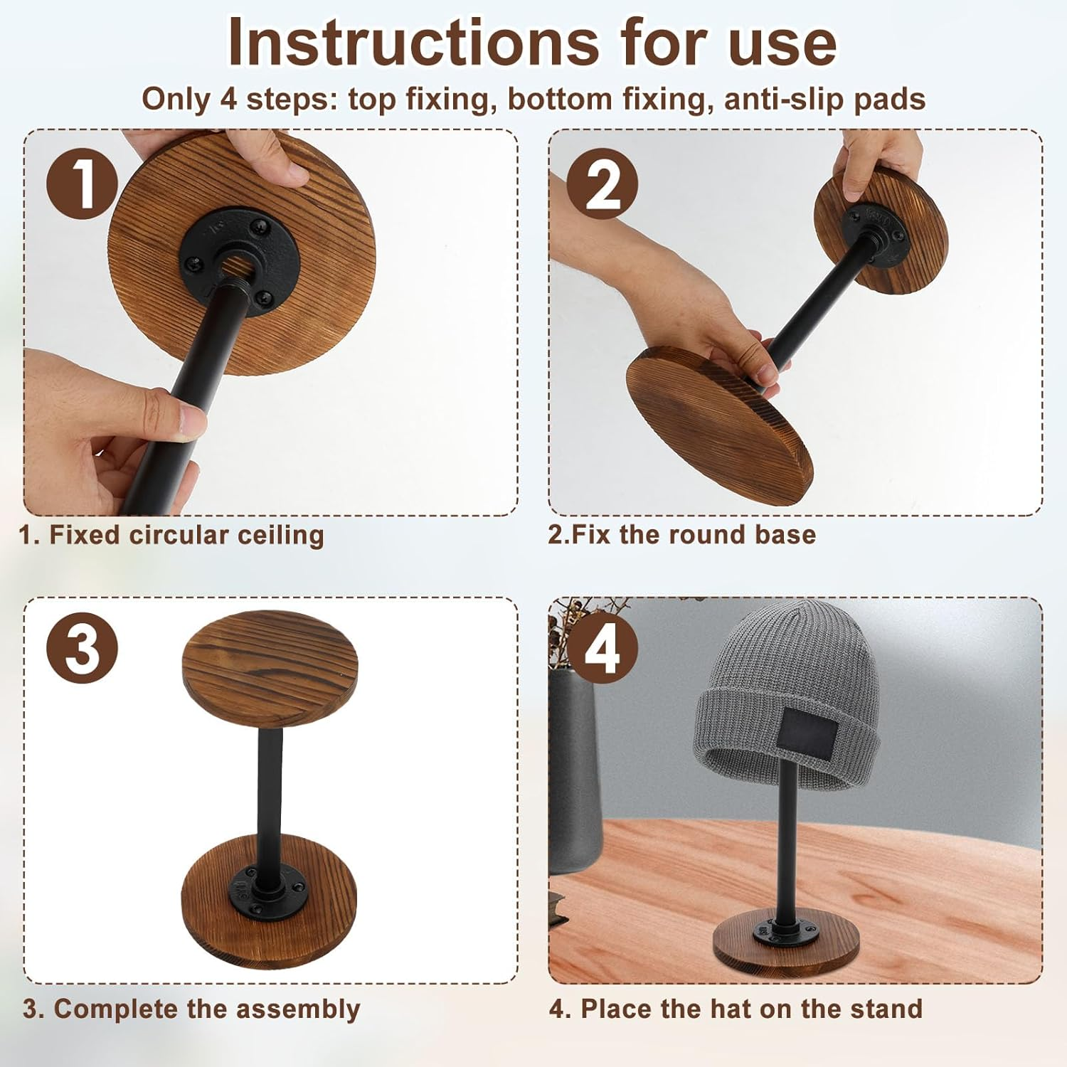 Hat Stand and Wig Display Rack, Burnt Wood Hat Holder Stand, Adjustable Height Hat Holder, with Industrial Metal Pipe Industrial Style Wig Rack, Stable Jewelry Display, Riser Tabletop Helmet