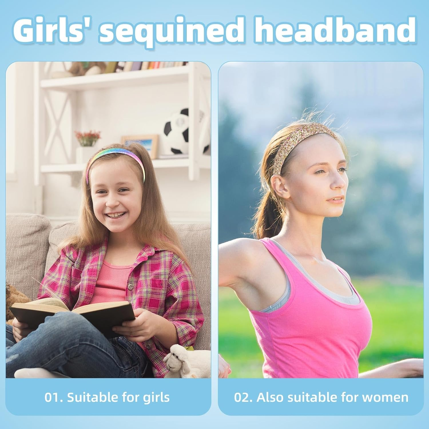 6Pcs Glitter Headbands for Girls & Women, Sparkly Rainbow Sequin Hairbands Bling Hair Accessories for Birthday Holiday Party image number 5