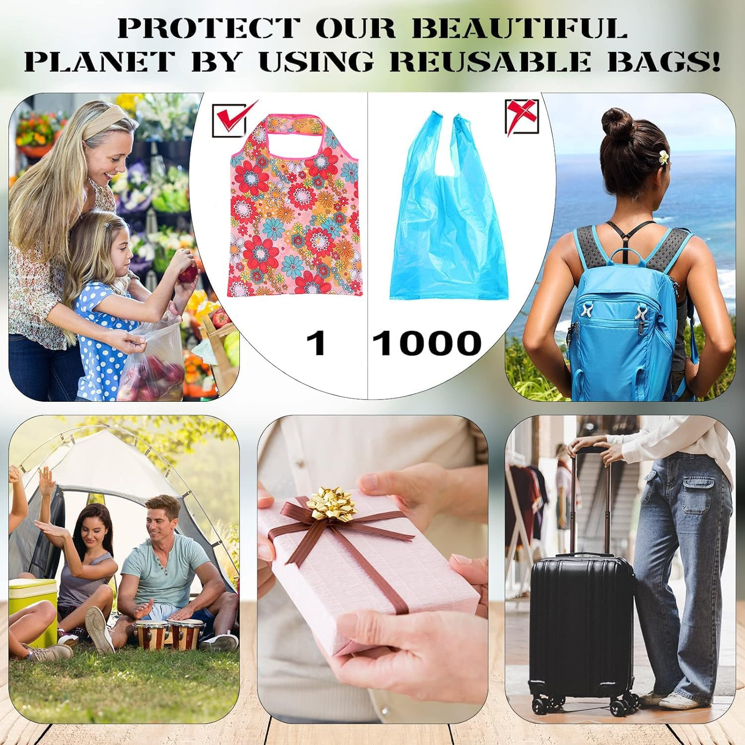 Roczential 6 Pack Reusable Grocery Bags Set, Machine Washable Shopping Bags, Foldable Shopping Tote Bags for Men Women Shopping image number 6