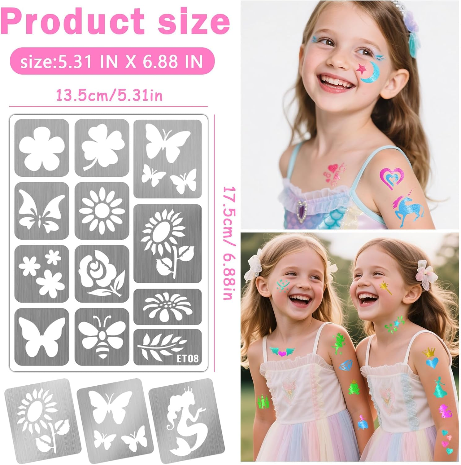 Yazhiji 183PCS Temporary Tattoo Stencils, Paint Stencils Kit for Face & Body, Glitter Tattoos, Kids & Adults, Waterproof, A5 Size, 12 Sheets