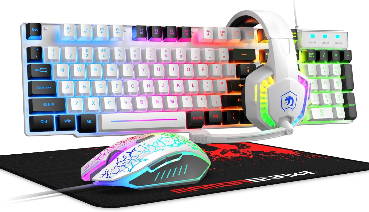 Wired Gaming Keyboard and Mouse and Mouse Pad and Gaming Headset,Rainbow LED Backlit Keyboard,Over Ear Headphone with Mic,Gaming Mice,Mouse Pad,For PC Gamers and Xbox and Ps4(White/Black) image number 1