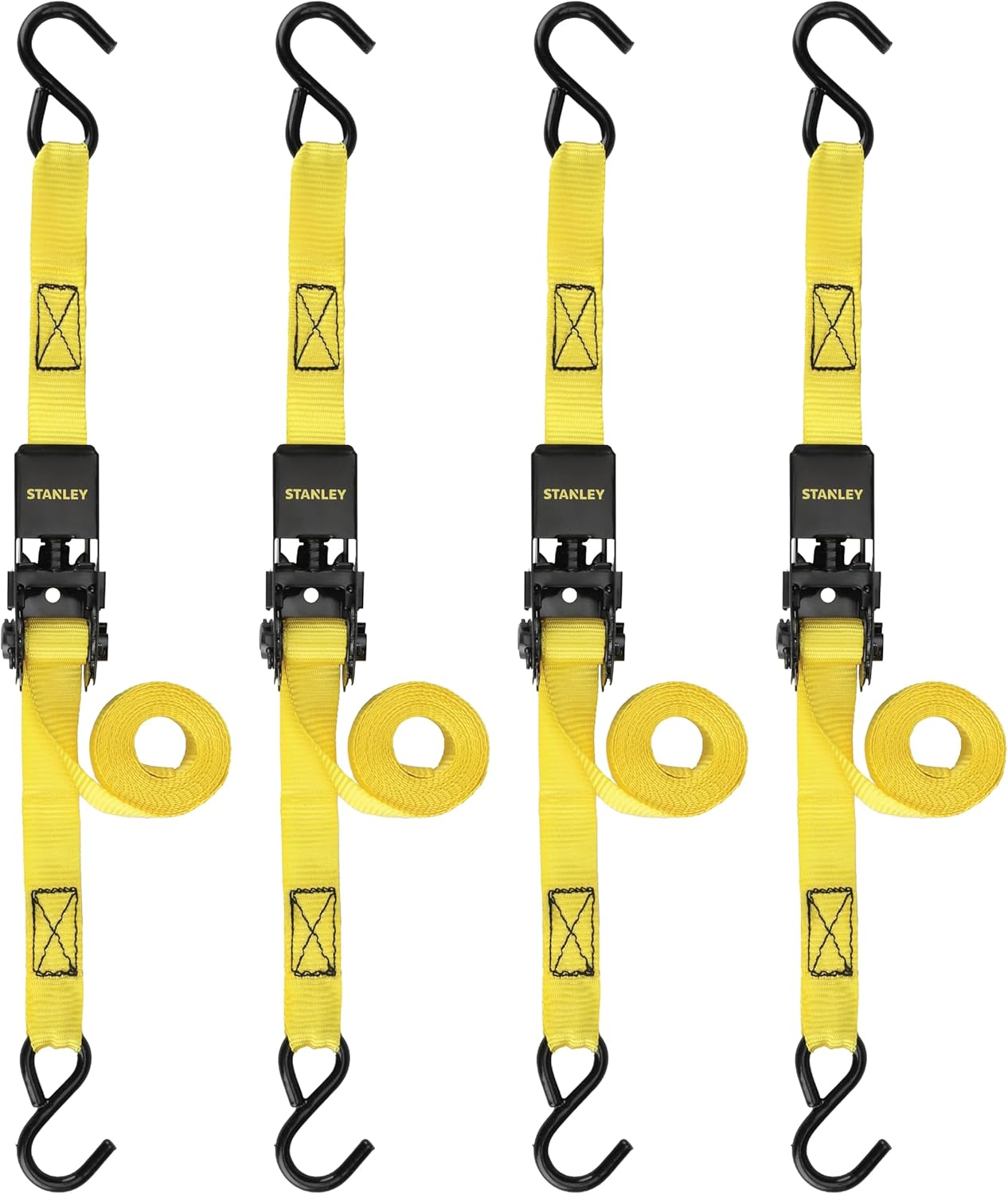 STANLEY S9500 Black/Yellow 1" X 10' Ratchet Straps - Light Cargo (300 Lb Working Load / 900 Lb Break Strength), 4 Pack image number 1