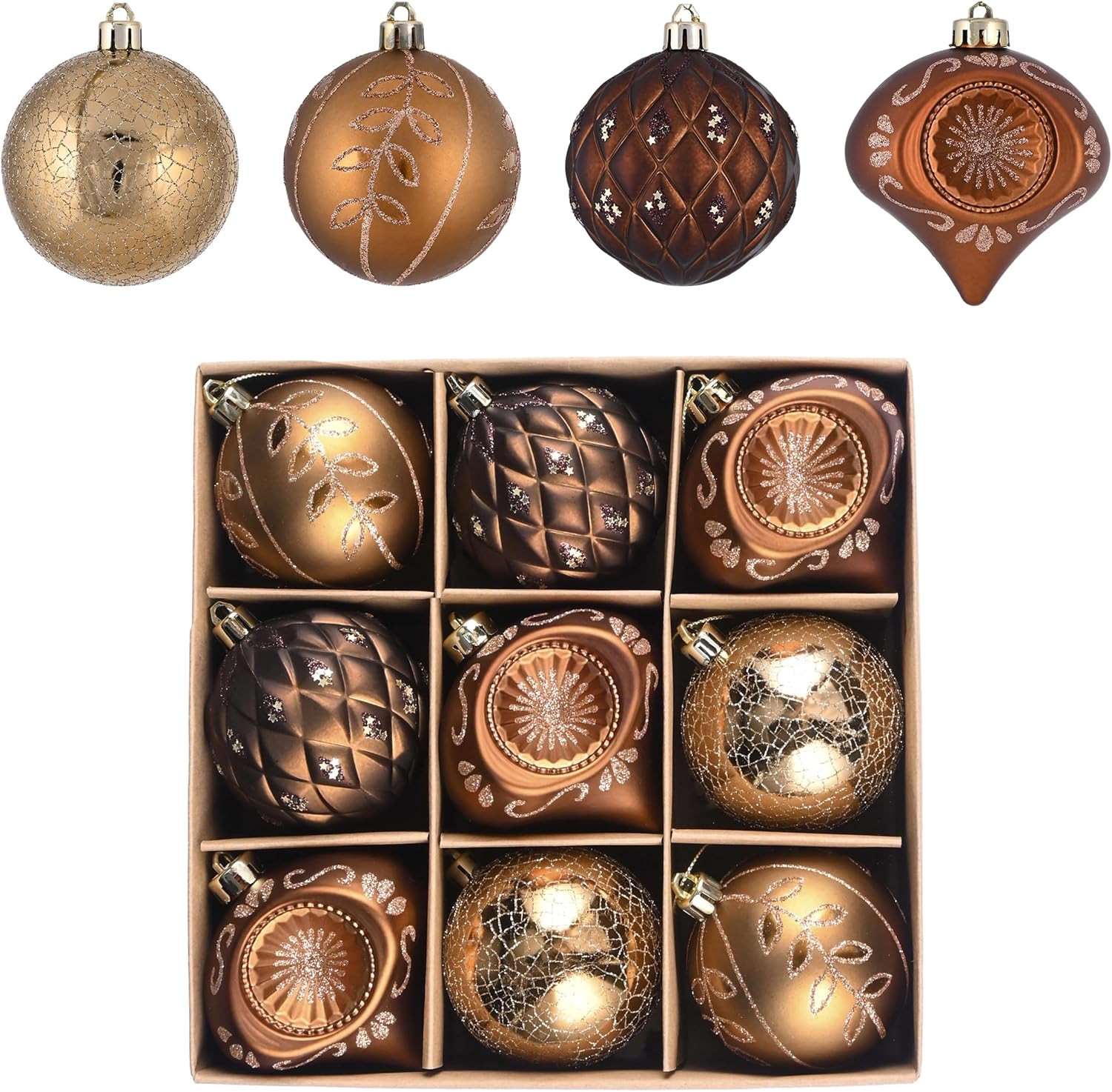 Valery Madelyn Christmas Ball Ornaments for Valentines Day, 9Ct Bronze Copper Brown and Gold Shatterproof Christmas Tree Decorations Set, 2.76 Inches Luxury Hanging Ornaments for Xmas Holiday Decor