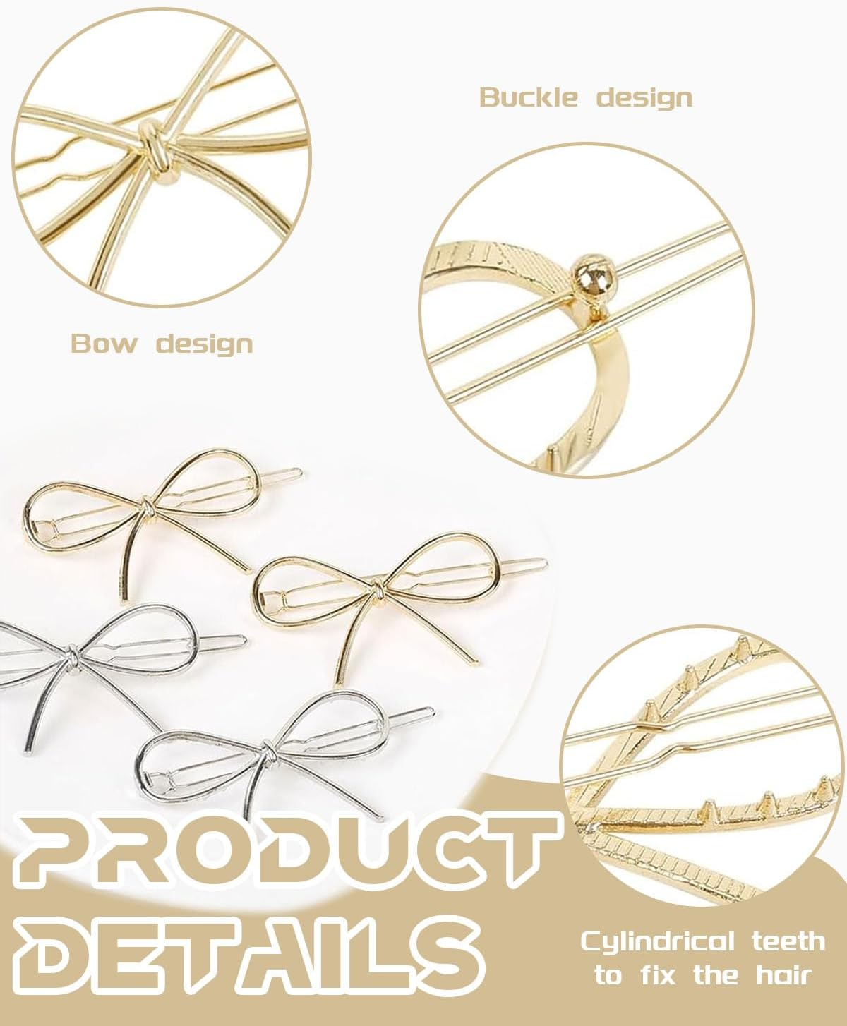 BPTRKOM Pack of 4 Hair Clips Bow - Hair Clips with Metal Bow for Women and Girls, Chic, Simple, Fashionable, Hair Clips Women'S Metal Retro for Wedding Party Girls (Gold, Silver)