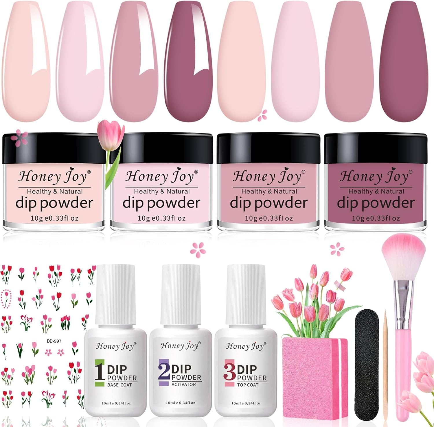Honey Joy Dip Powder Nail Kit Starter, 4 Colors Light Pink Nude Skin Tone Dipping Powder Liquid Set with Base Top Coat Activator for Nail Art Manicure Salon DIY No LED Nail Lamp Needed, Dip-7Pcs-05 image number 2