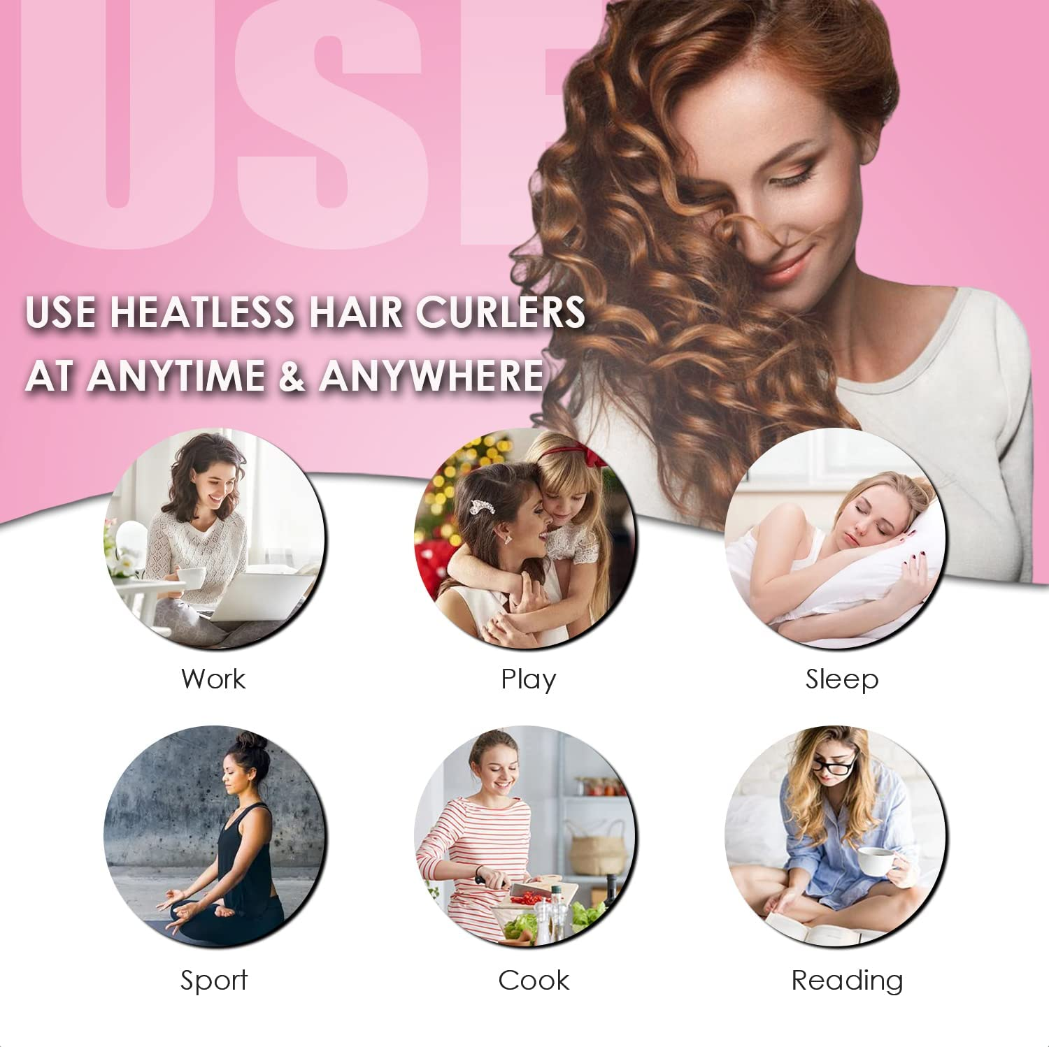 Satin Heatless Curler Set, Soft No-Damage Pearl Cotton Curling Rod Headband for Long Hair, Overnight Styling Tool with 2 Hair Loops DIY Rollers (Blue) - Pink image number 4