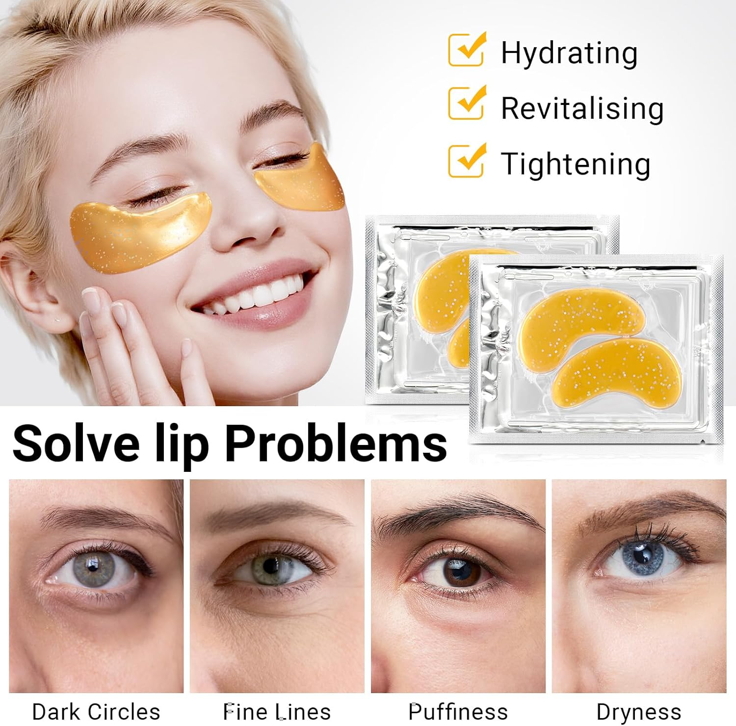 20 Pcs Collagen Gold Eye Mask & Pink Lip Mask Set&ndash;Hydrating under Eye Patches & Lip Masks for Puffy Eyes,Dark Circles & Dry Lips&ndash;Skincare Gift Set for Women image number 2