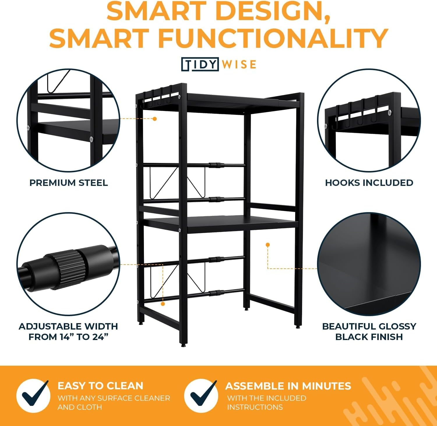 Expandable Microwave Oven Rack, 2 Tier Kitchen Countertop Shelf, Large Stand with Cutting Board Holder, 6 Hooks, Adjustable (Black-3 Tier) image number 5