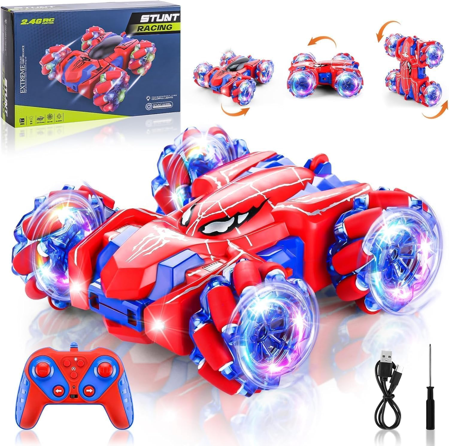 Spider Remote Control Car,2.4Ghz 360&deg;Rotating Double Sided RC Stunt Cars with Cool Headlights,Rechargeable 4WD All-Terrain Toy Car for Boys Age 4-7 8-12 Birthday Xmas Gift image number 2