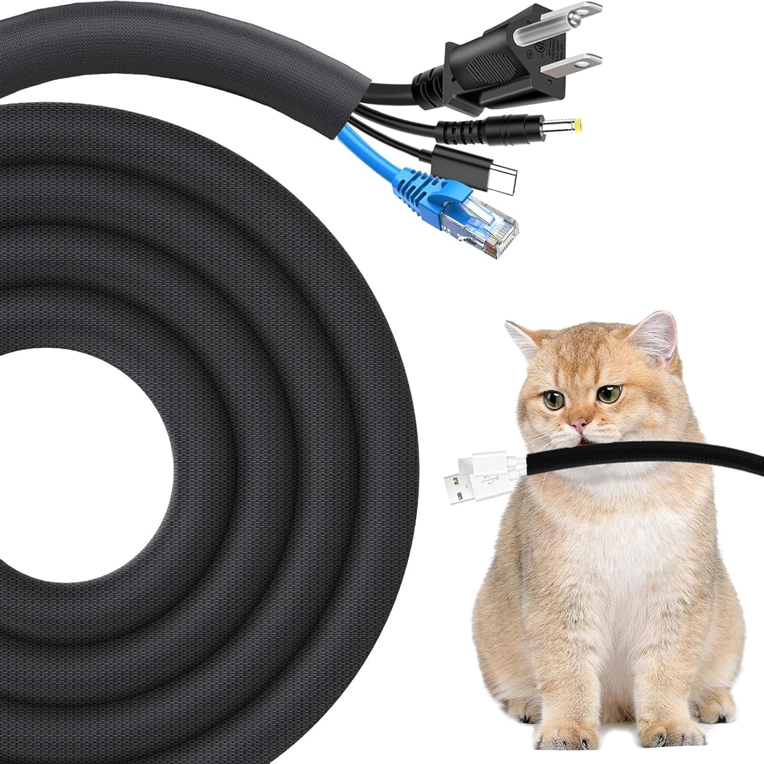 Cable Protector, 16.4Ft(5M) - 1/2 Inch(13Mm) Expandable Braided Cable Sleeve, Cord Wrap Cord Protector Tubing for Pets. Computer, Engine Bay, USB Cable, Cord Management for Home Office (16.4Ft White)