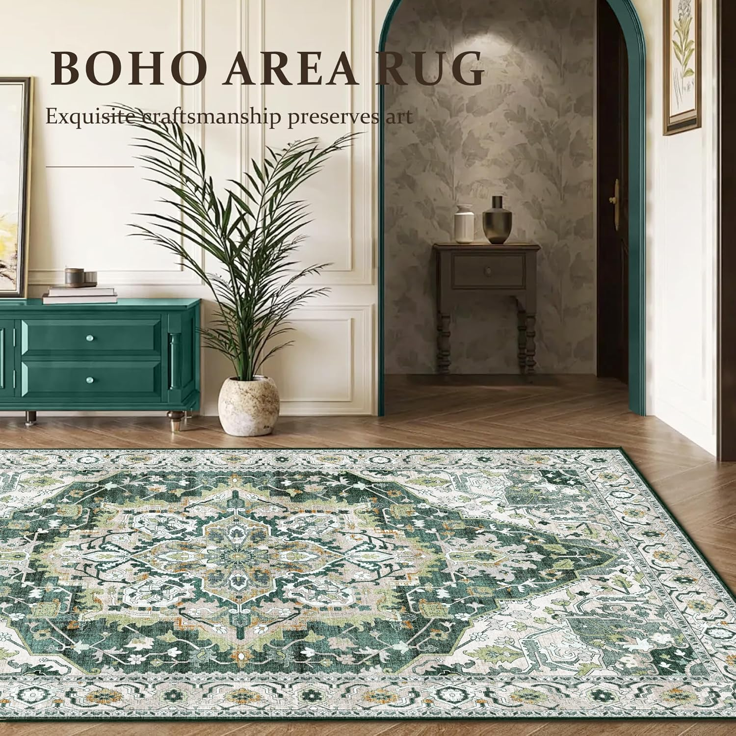 Youzi Vintage Area Rugs 200X300 for Livingroom, Machine Washable Rug with Anti-Slip Botton Shortpile Carpet Large Soft Rugs for Bedroom Kitchen Floor Living Room Indoor Home Decor(200X300Cm,Green) image number 6