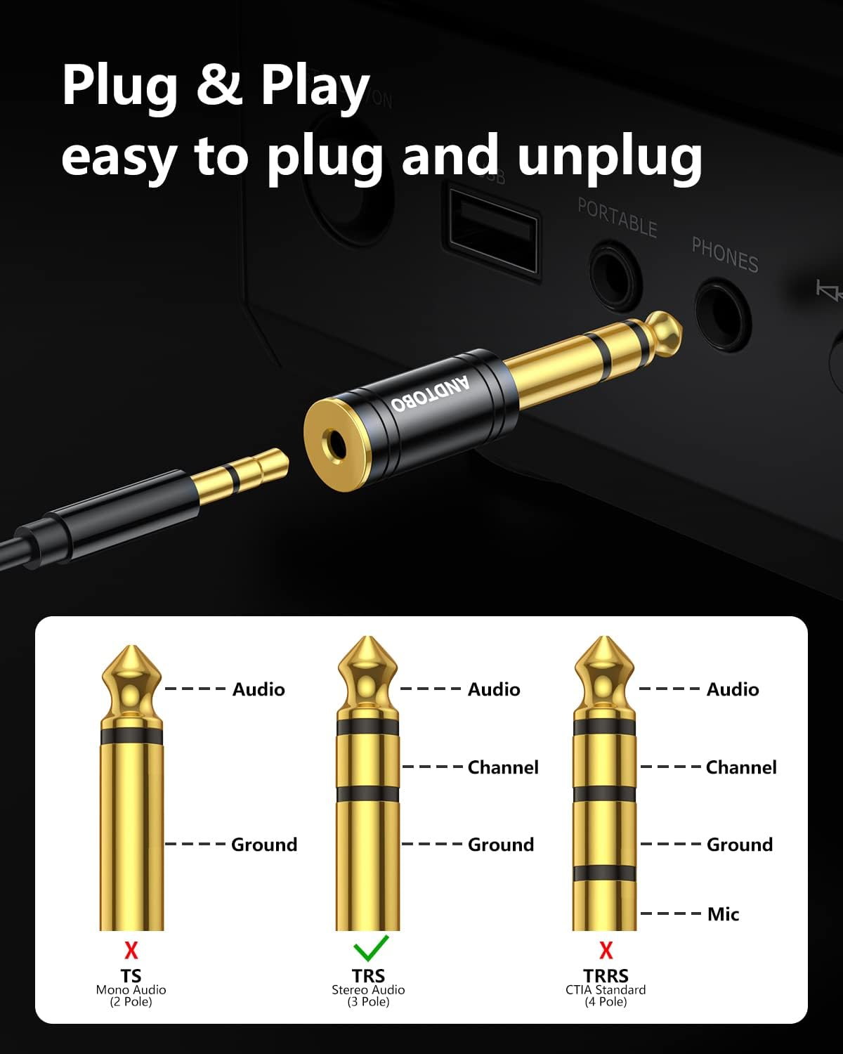 ANDTOBO 1/4''(6.35Mm) Male to 1/8'' (3.5Mm) Female Stereo Audio Jack Pure Copper Adapter for Headphone, Amp, 1 Pack-Black image number 3