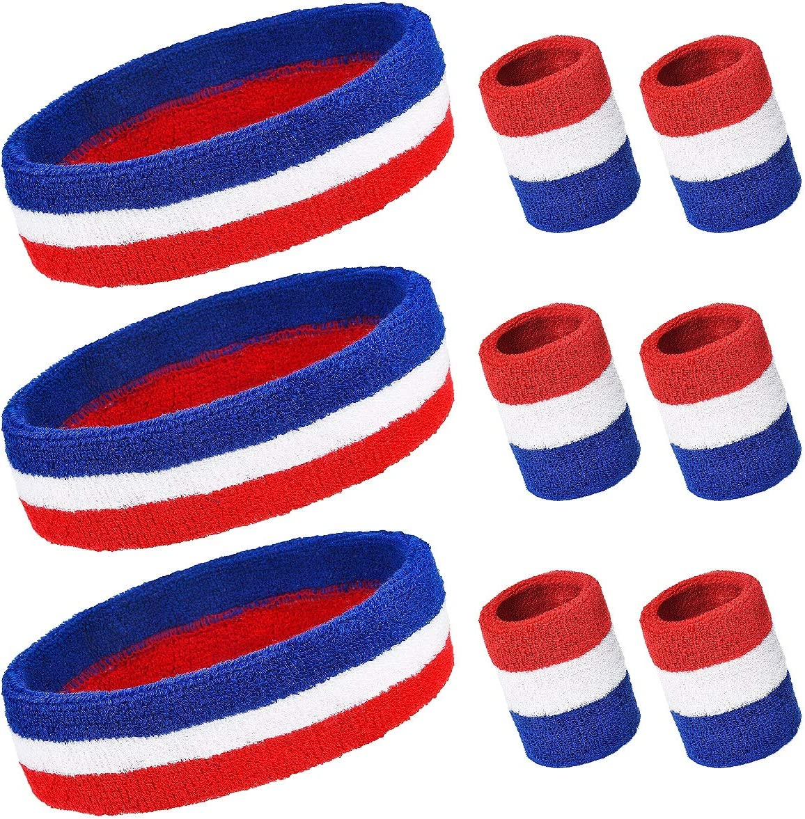 PAMASE Striped Sweatbands Set, Including Sports Headbands and Wristbands Cotton Sweat Band American Flag Style for Tennis Athletic Men Women