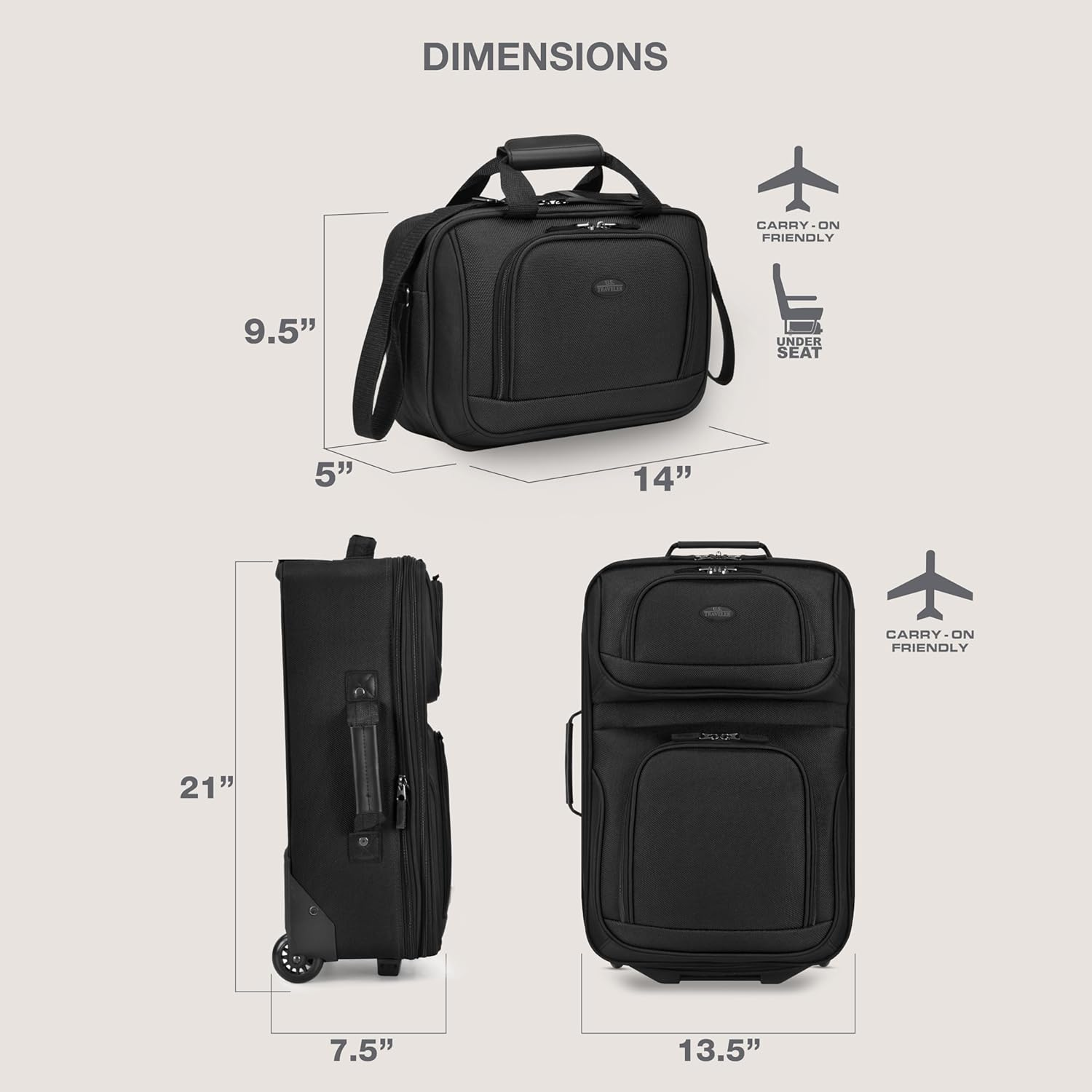 U.S. Traveler Rio Rugged Fabric Expandable Carry-On Luggage Set, Black, 2 Wheel, Rio Lightweight Carry-On Suitcase 20" Softside Expandable Design, Durable, Business and Travel - Black image number 2