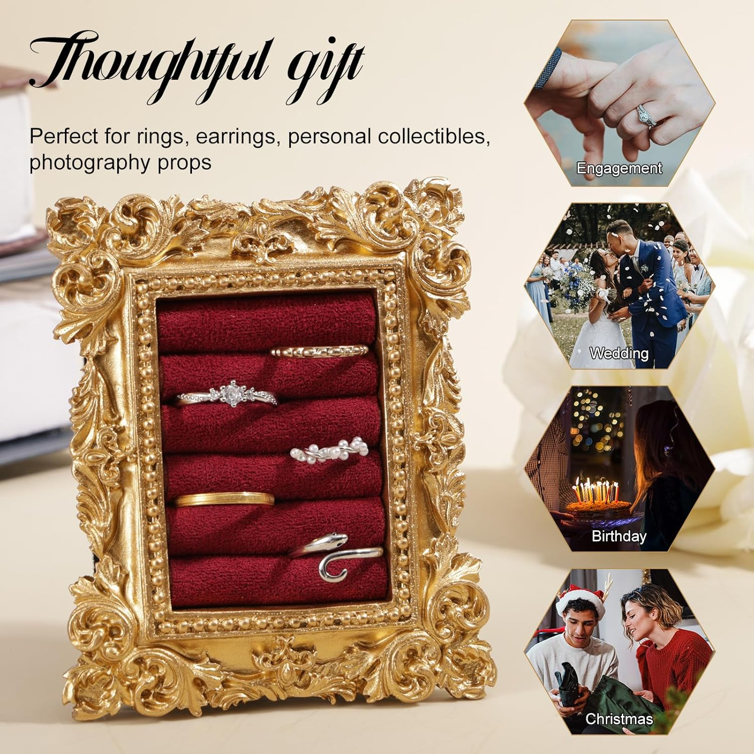 Vintage Ring Display Stand, Baroque Ring Holder Earring Display Tray Jewelry Organizer Birthday Engagement Wedding Decoration for Women (Wine Red) - Wine Red image number 6