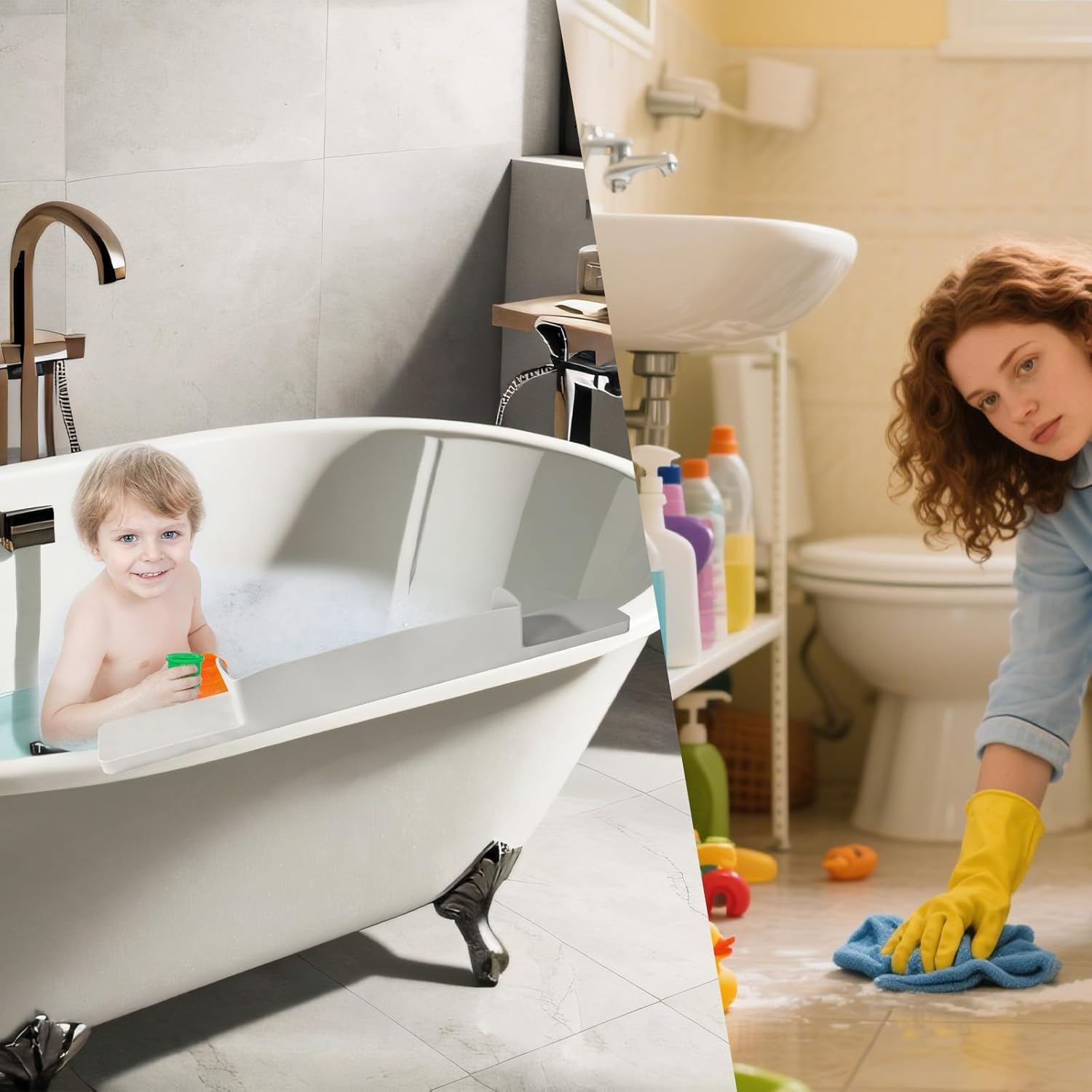 BOXOB Splash Protection Guard for Bathtub, 29.92X3.54X3.35In Silicone Bath Splash Protection Guard with Strong Suction Cup No-Leak Toy Tray Caddy Holder Storage Bathtub Tray(Light Gray) image number 6