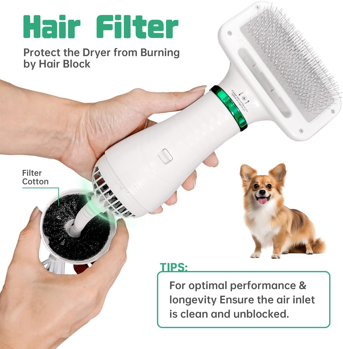 Dog Hair Dryer, 2-In-1 Dog Blow Dryer with Slicker Brush, 300W Pet Hair Dryer for Small and Medium-Sized Dogs and Cats, Dog Grooming Dryer Portable ＆ Adjustable Temperature image number 2