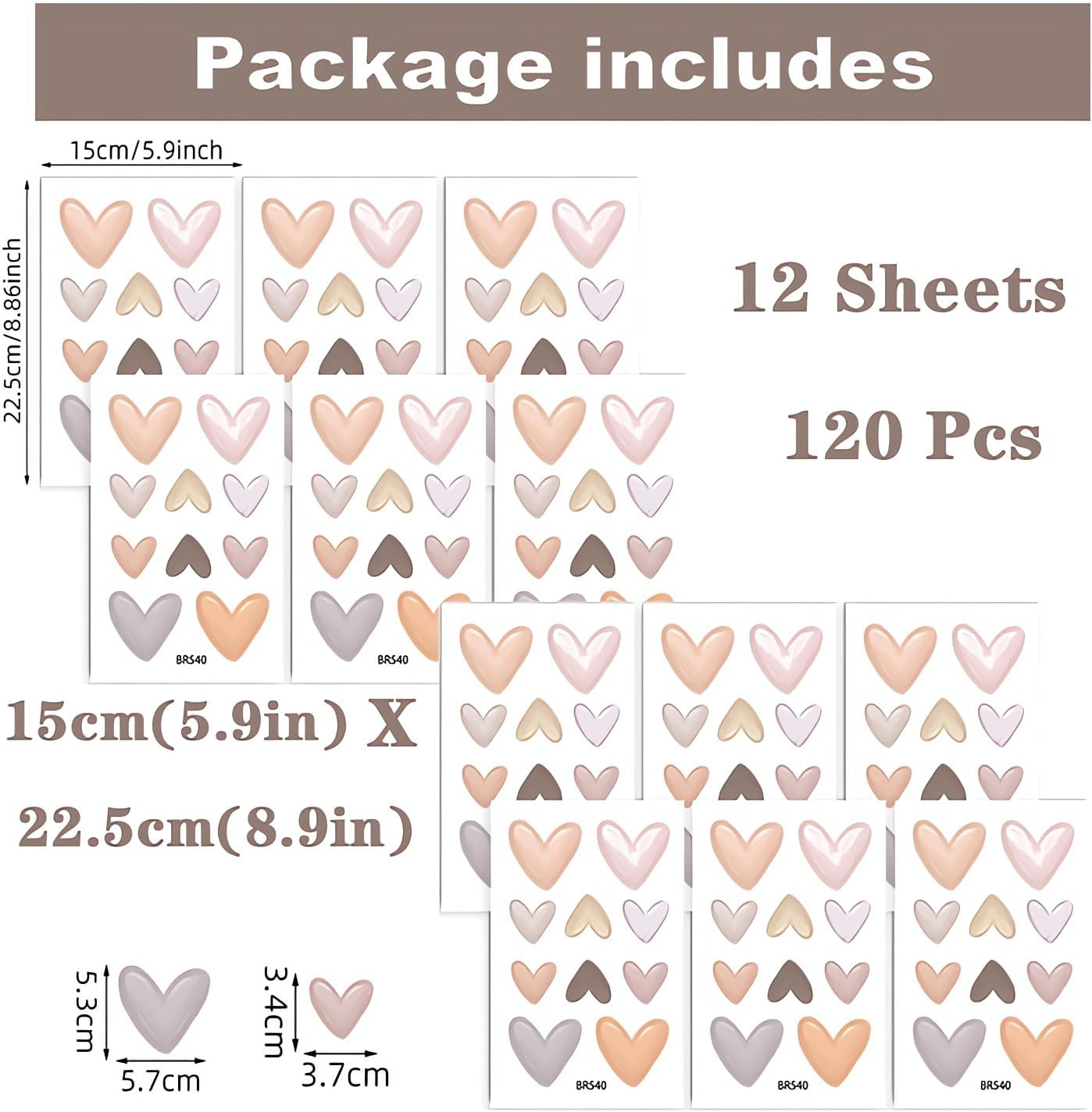 12 Sheets 120 Pcs Gray Brown Love Heart Graphics Wall Stickers, Sacinora Ins Style Romantic Love DIY Wall Decals Removable Vinyl Peel and Stick for Nursery Bedroom Art Home Decorations