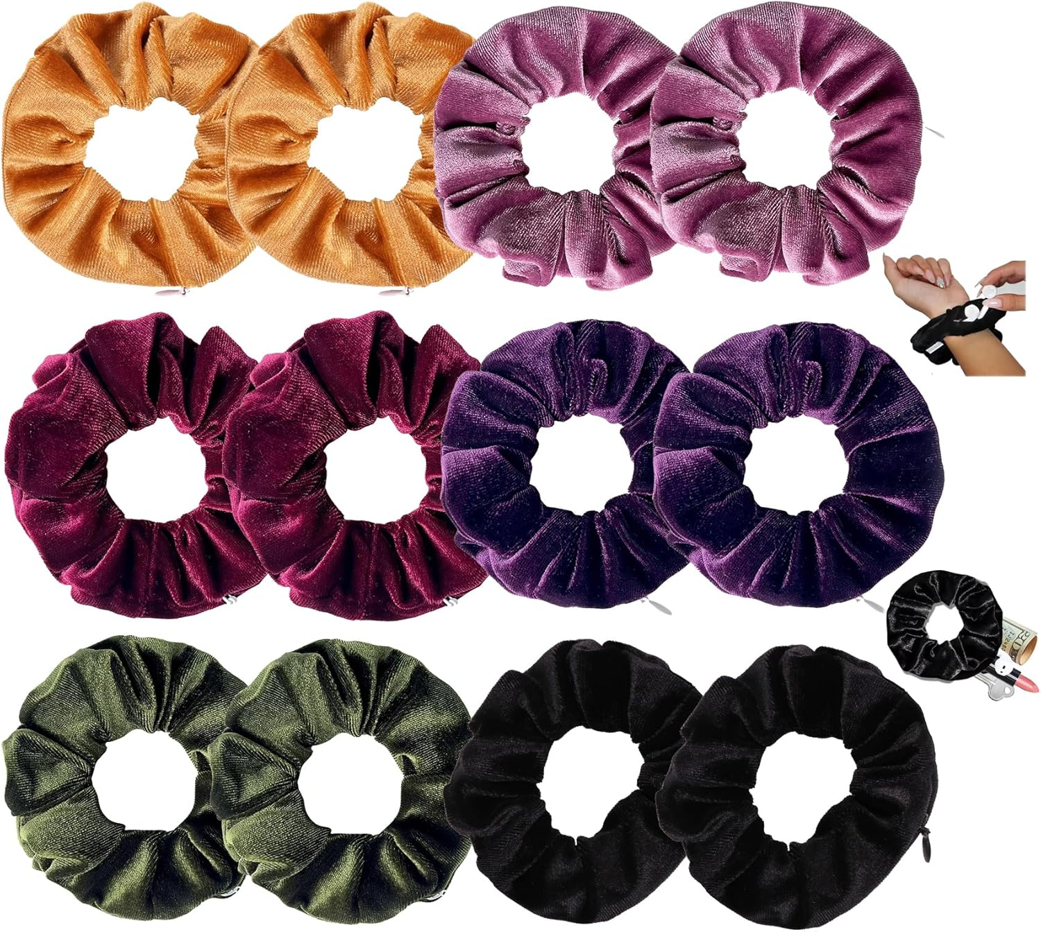 Pack of 12 Scrunchies for Women, Velvet Scrunchies, Premium Elastic Thick Bands, Comes with Hidden Zip Pocket, Women for Girls, Hair Accessories image number 5