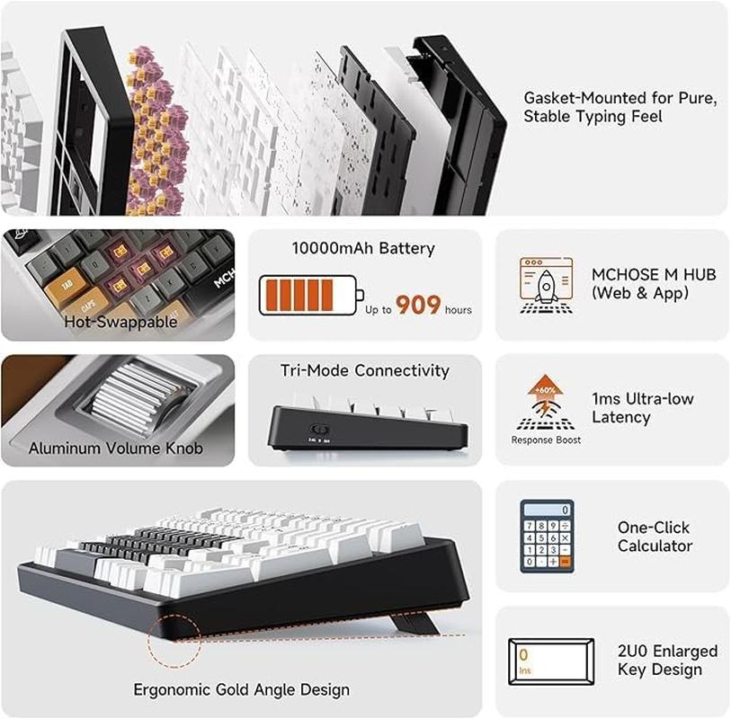 MCHOSE UT98 Wireless Mechanical Keyboard Compact Silent Gaming Keyboard with Knob Tri-Mode Connection Hot Swappable Custom Creamy Keyboard Gasket Structure Pre-Lubed Linear Switches RGB - Classic - Retro Therapy image number 6