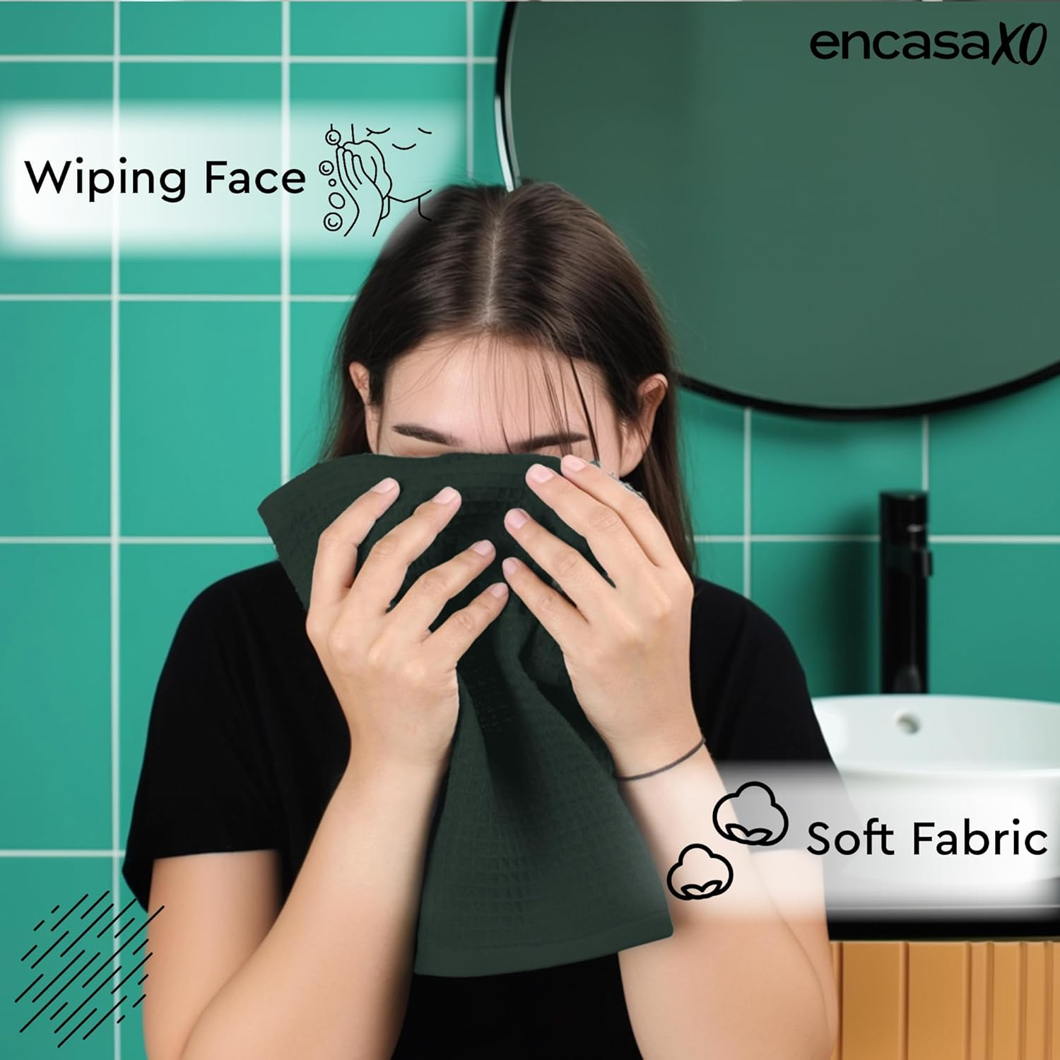 Encasa XO Face and Hand Towels for Bath, Gym - 30X30 Cm | Green | Set of 6 - Quick Dry Waffle Weave Face Cloths - Reusable Dishcloths for Everyday Use image number 6