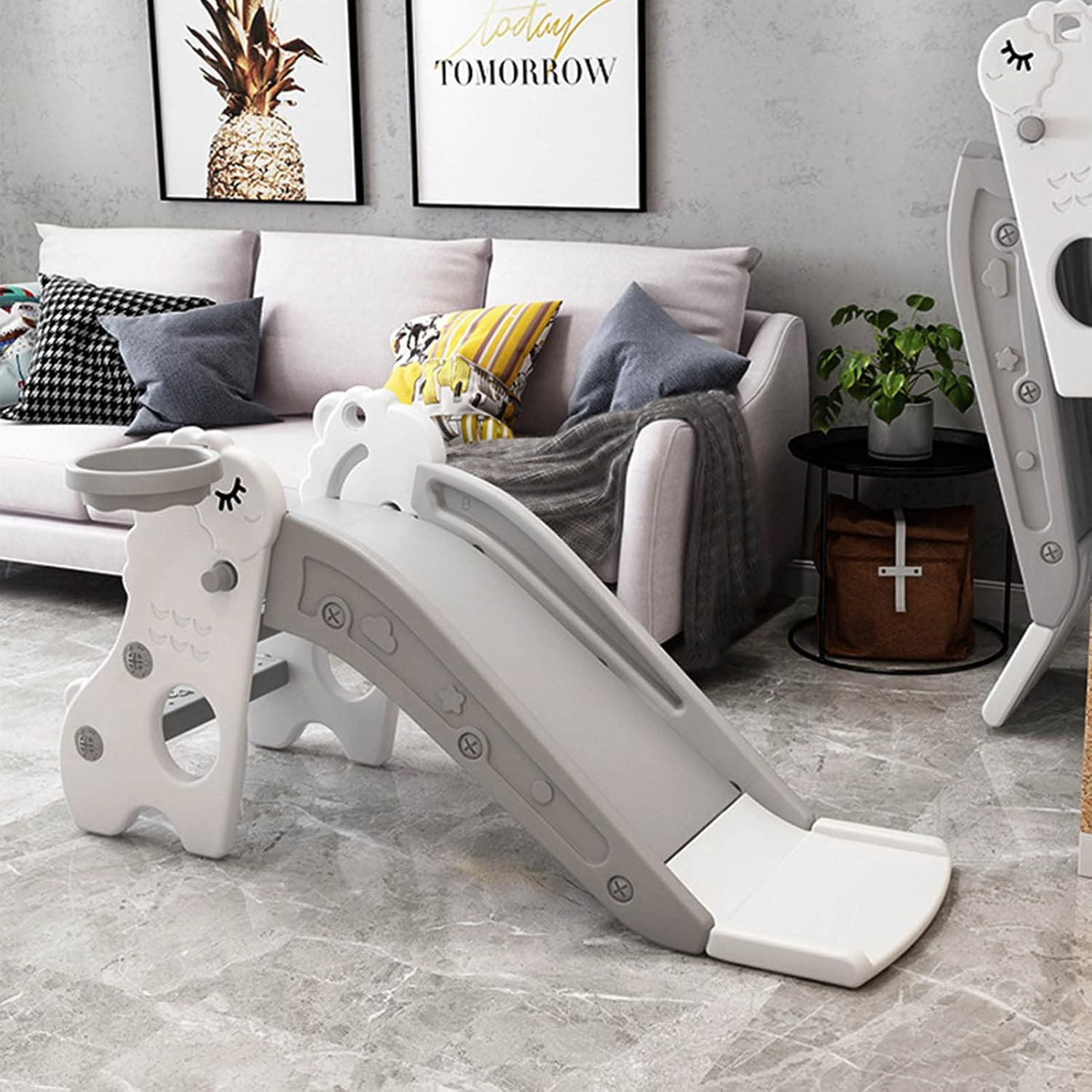 Indoor Slide Safe Foldable Kids Play Slide Living Room Freestanding Stable Base for Toddlers (White Gray) image number 2