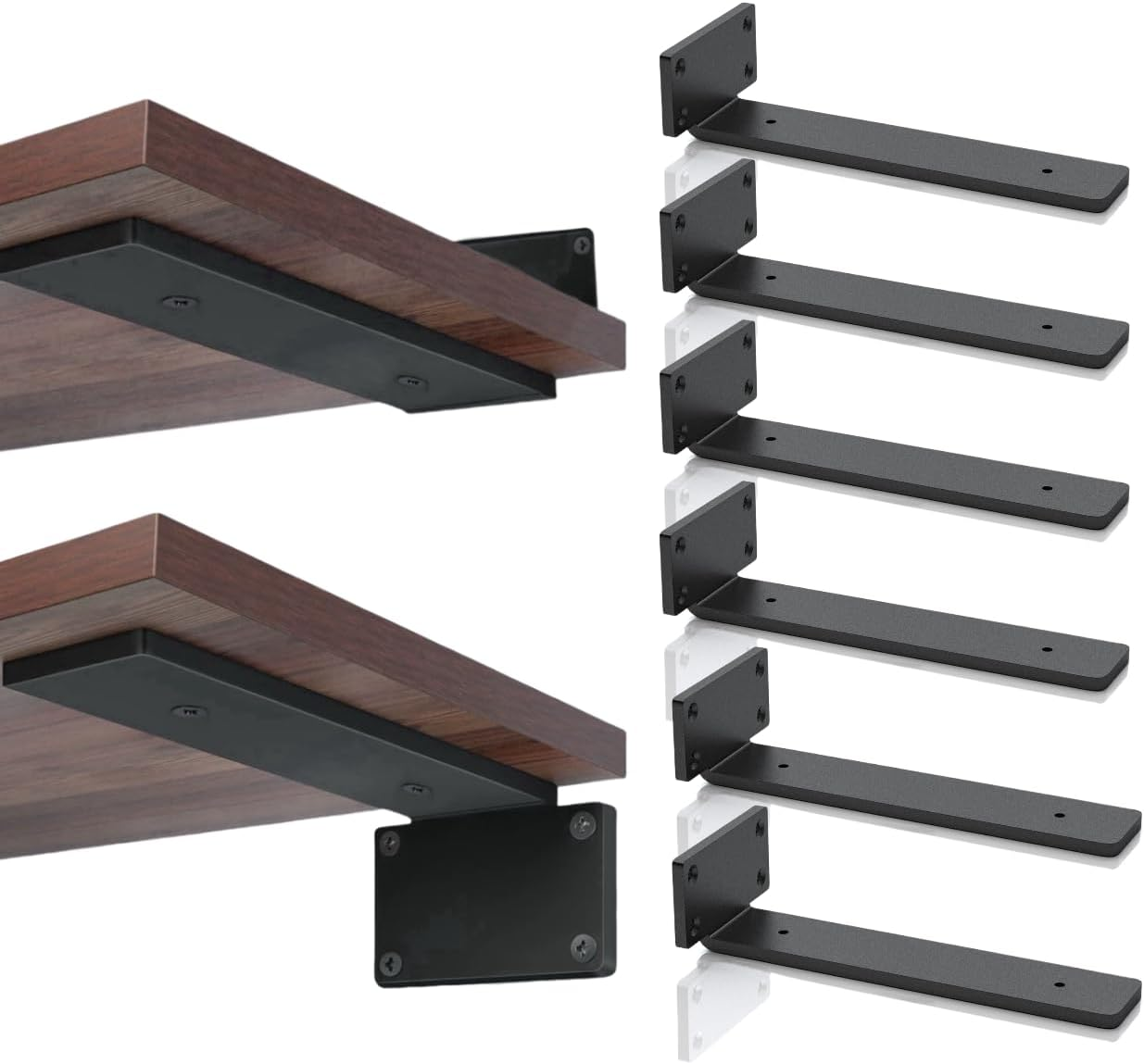 Shelf Bracket, 6 Pack 8 Inch Long L-Shaped Floating Shelf Bracket, Heavy Duty Shelf Bracket, 1/5-Inch Thick Metal Wall Shelf, 160 Lb Weight Capacity, Wood Shelf Support DIY Bracket (Matte Black) image number 2