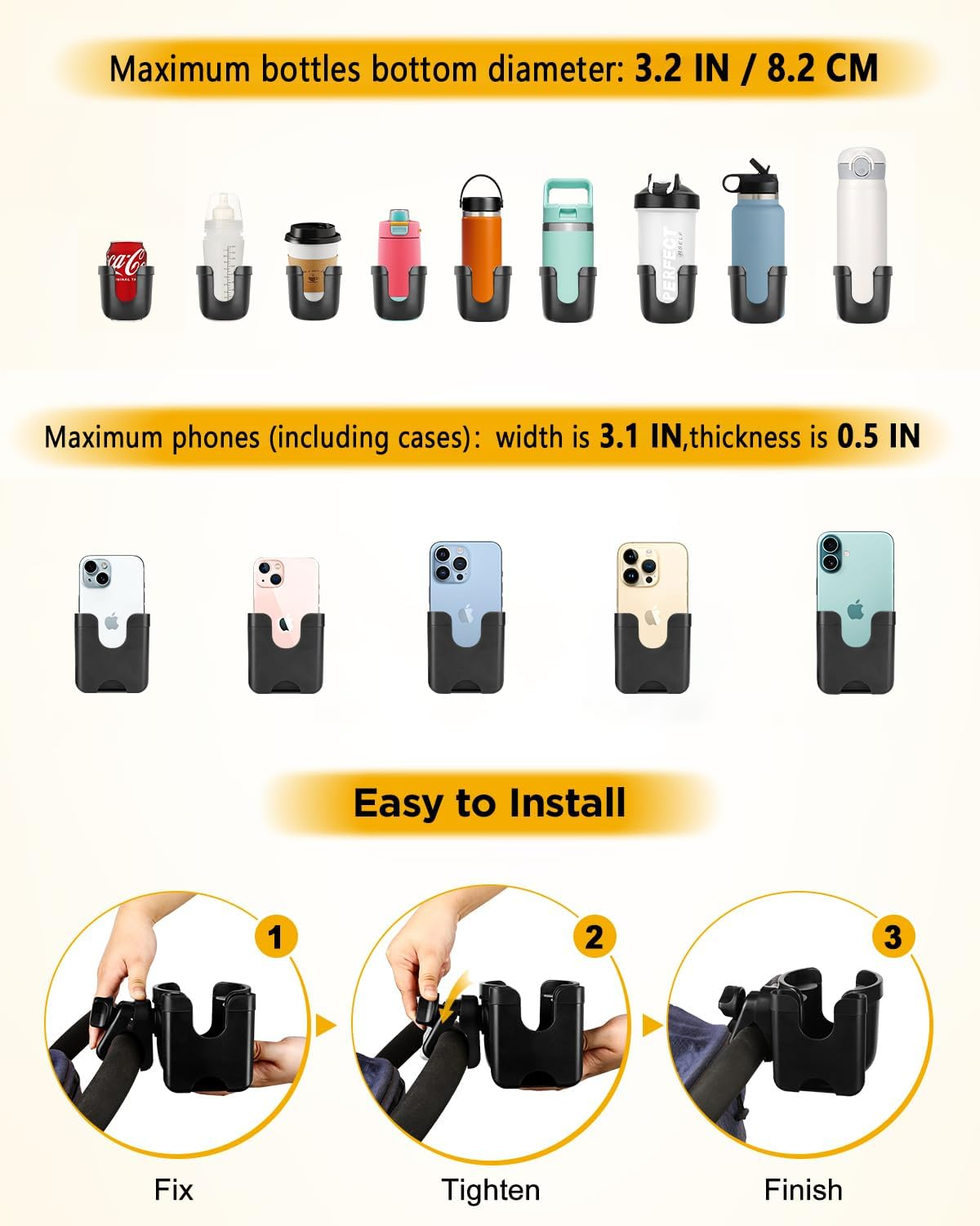 Universal Stroller Cup Holder with Mobile Phone Case, 2-In-1 Strollers Storage Rack, 360 Degrees Rotation Drink Holder for Bike, Pushchair, Wheelchair, Walker,Bicycle, Fits Most Cups - Blue image number 2