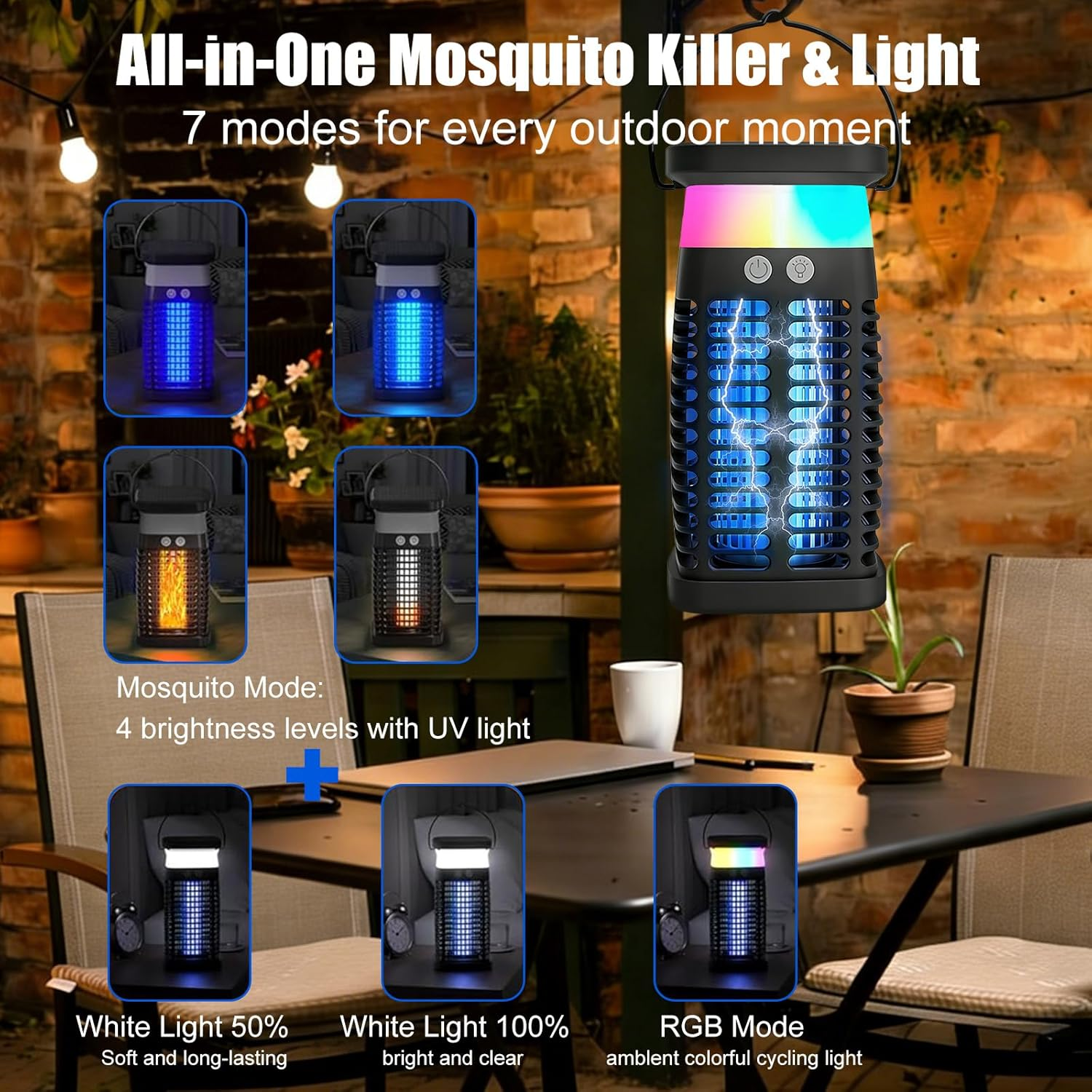 Solar Bug Zapper Electric Mosquito Zapper with Switch & 7 Modes, 4200V Rechargeable Fly Trap Outdoor & Indoor Insect Killer with RGB Light,Panel Sensor&Reading Lamp,Portable Trap Lamp for Garden&Camp image number 1