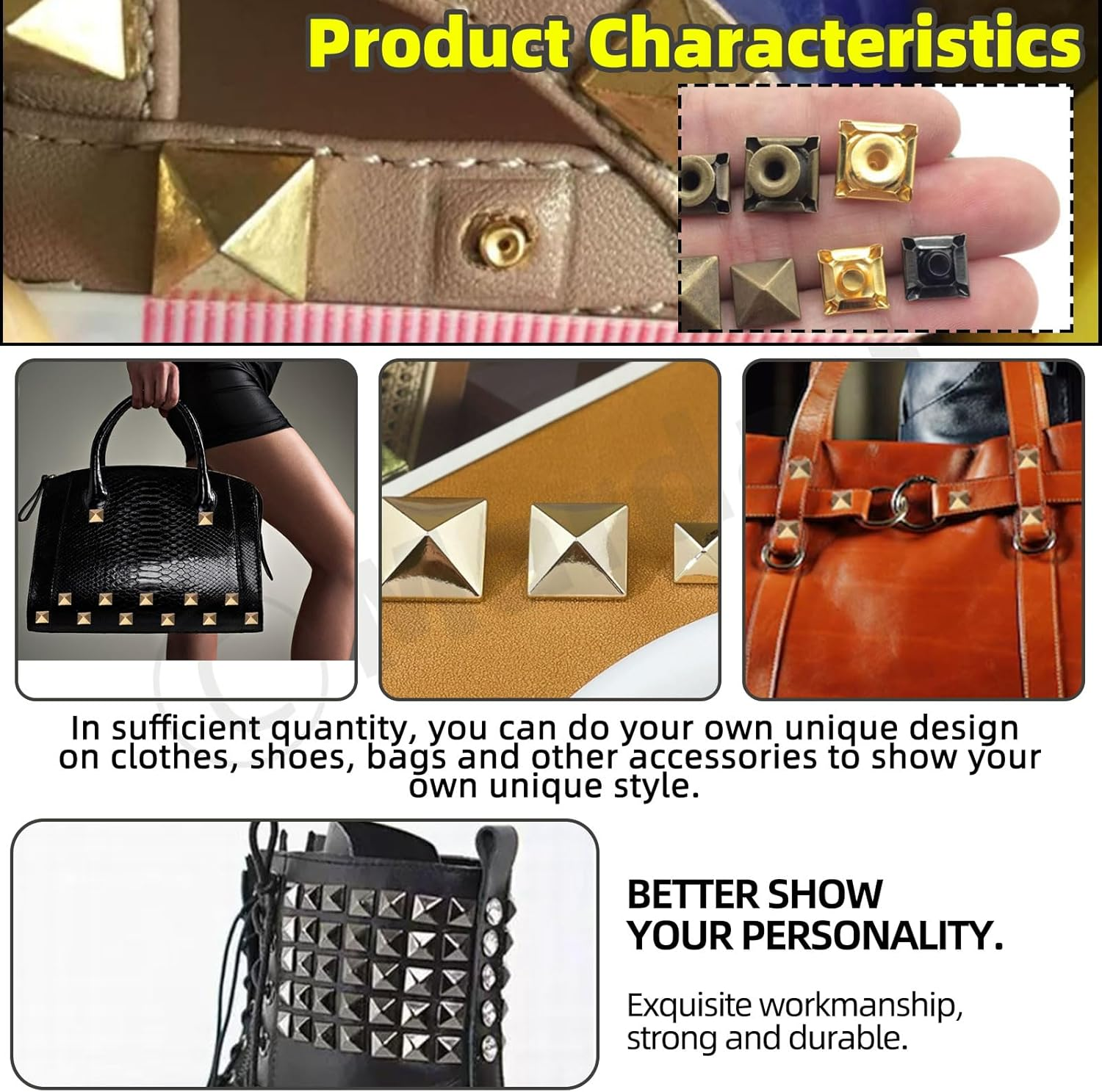 Mardatt 150Pcs 6 Sizes Gold Spike Rivet Pyramid Rapid Rivet Studs, 6Mm 7Mm 8Mm 9Mm 10Mm 12Mm Square Punk Spikes Pyramid Rapid Rivet Studs Nail Heads for DIY Leather Craft Decoration(Gold） - Gun Color image number 6