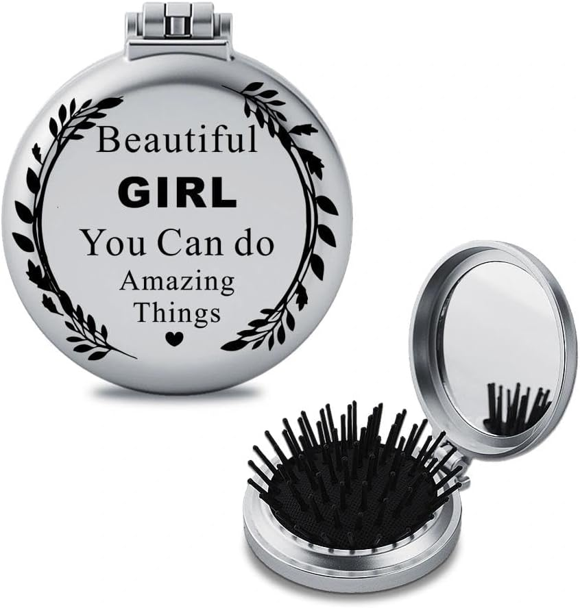 Inspirational Gifts for Teen Girls Folding Hand Pocket Compact Makeup Mirror with Comb for Daughter Friendship Encouragement Christmas Birthday Gift Sister Niece Motivational Graduation Gift image number 3