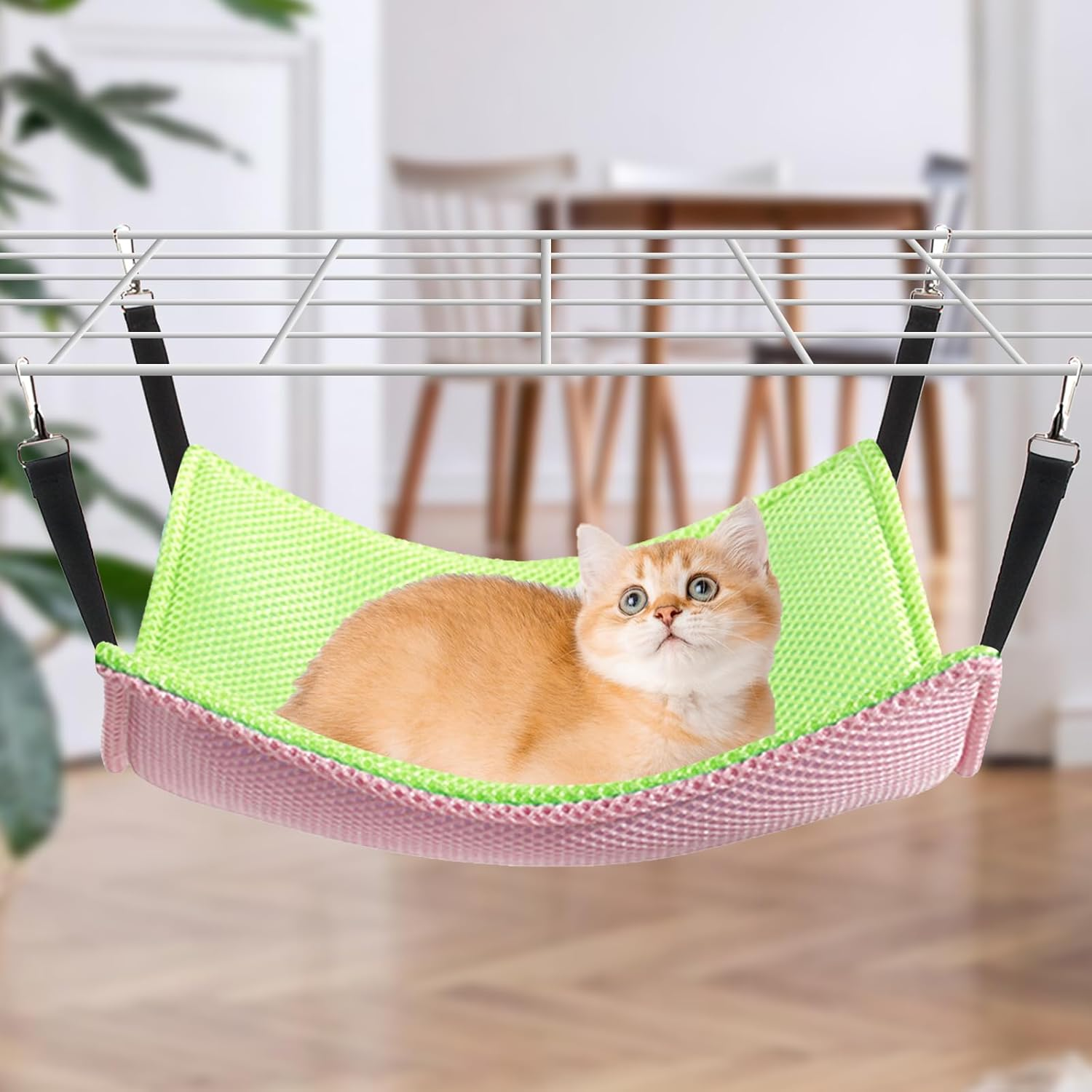 Yanmucy Cat Hammock Beds Breathable Mesh Cat Hanging Hammock Bed Summer Bilayer Pet Cage Hanging Bed for Cats Kittens Rabbits, 53X35Cm (Pink+Green) image number 2