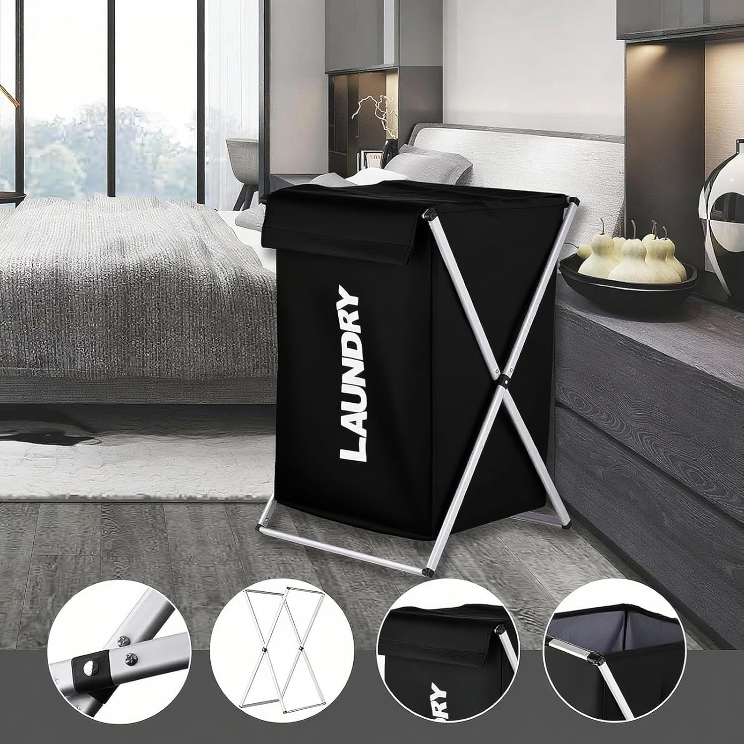 Foldable Laundry Hamper: Laundry Basket Clothes Hamper Aluminum X-Frame Foldable for Bathroom Bedroom Home Black image number 5