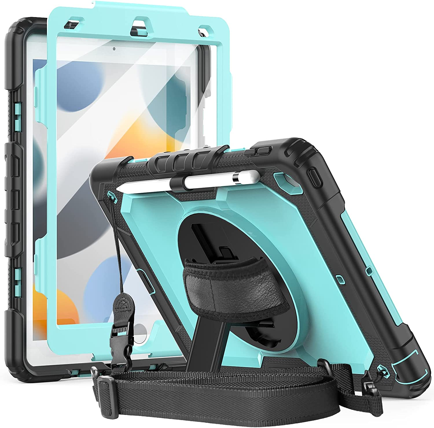 Herize Ipad 10.2 Case,Ipad 9Th/8Th/7Th Generation Cases 2021 2020 with Screen Protector, Heavy Duty Hard Durable Shockproof Protective Case Cover with Stand,Hand Strap,Shoulder Strap for Kids,Skyblue