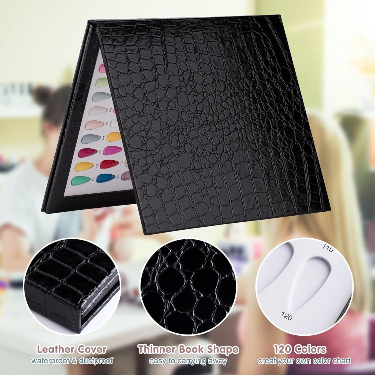 BNG Nail Display Book 120 Colour Professional Nail Gel Polish Display Card, Black Leather Book Nail Color Chart, Nail Art Salon Design Display Booklet 240 Pcs False Nails Tips