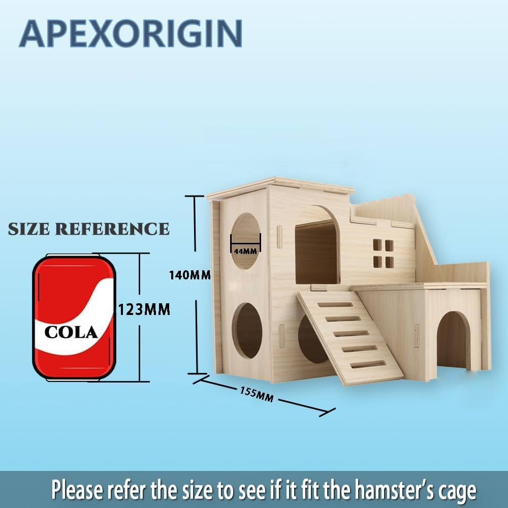 APEXORIGIN Wood Hamster House - Tiny Wood Maze & Fun-Slide Double-Decker Hut for Dwarf Gerbils, Mice, Rats & Small Animals - Cute, Easy to Assemble Indoor Hamster House (Brown) image number 4