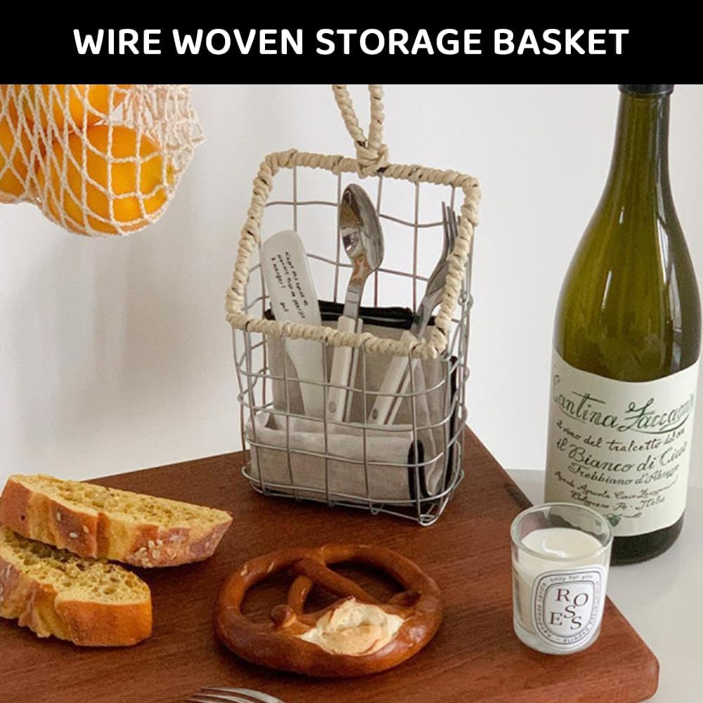 2 Pcs Hanging Wall Storage Baskets &ndash; Rustic Handwoven Wire Organizer for Kitchen, Bathroom, Pantry, Mail, Files image number 1