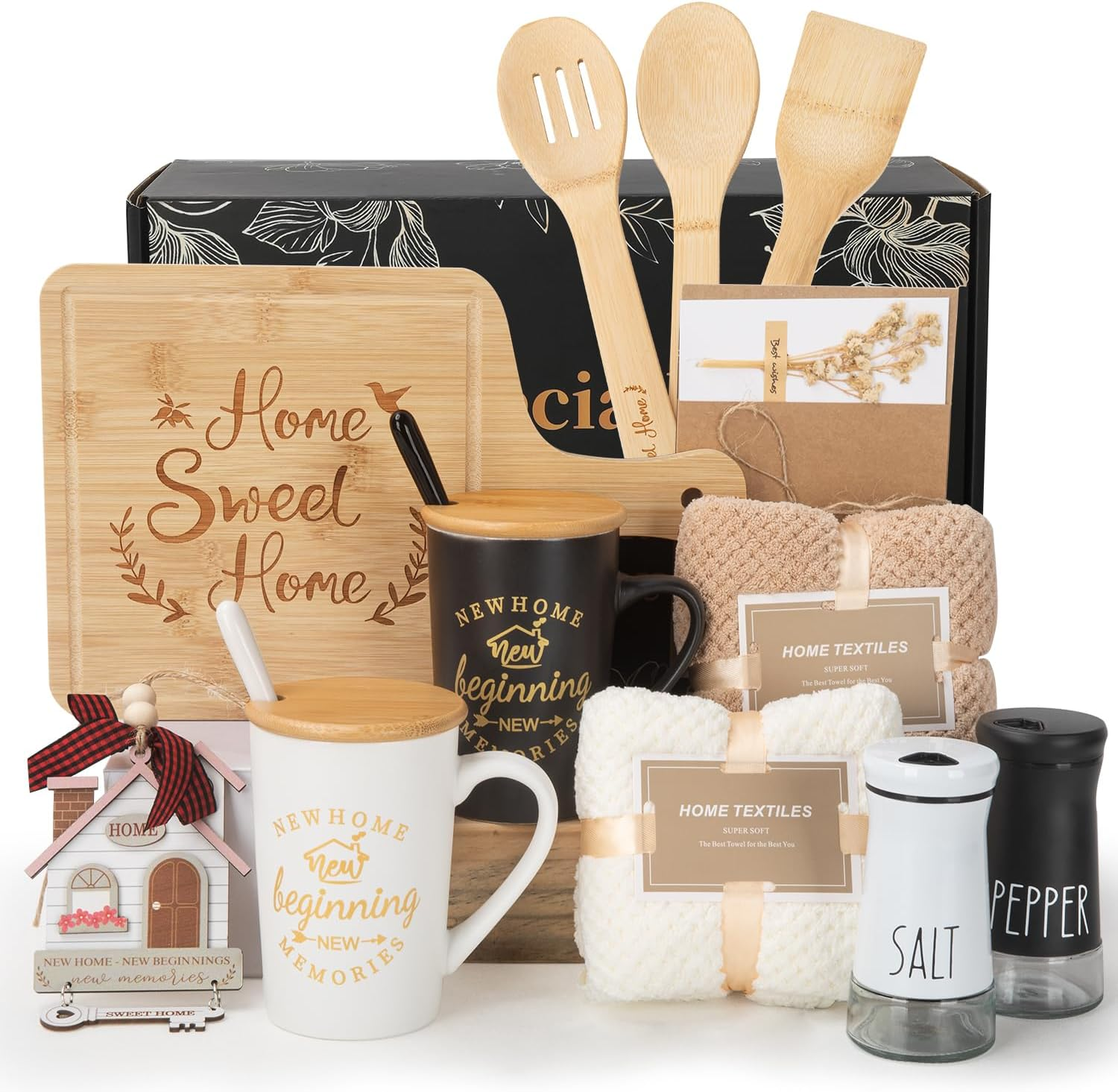 Omebel 12 Pcs House Warming Gifts Basket - New Home Gift Set for Homeowners, Couples, Women & Men | Thoughtful Housewarming Present with Towels, Mugs, Serving Board & Greeting Card image number 2